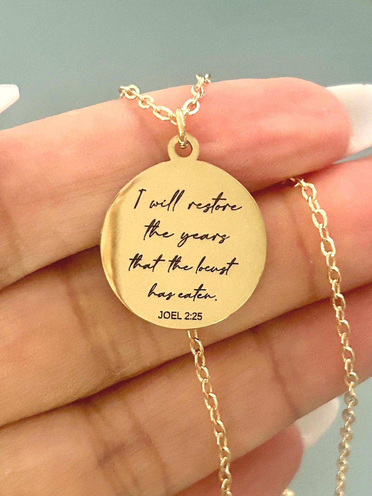 Bible Verse Necklace Joel 2:25, I will restore the years that the locust has eaten, Christian Gift, Scripture Jewelry, Personalized Necklace