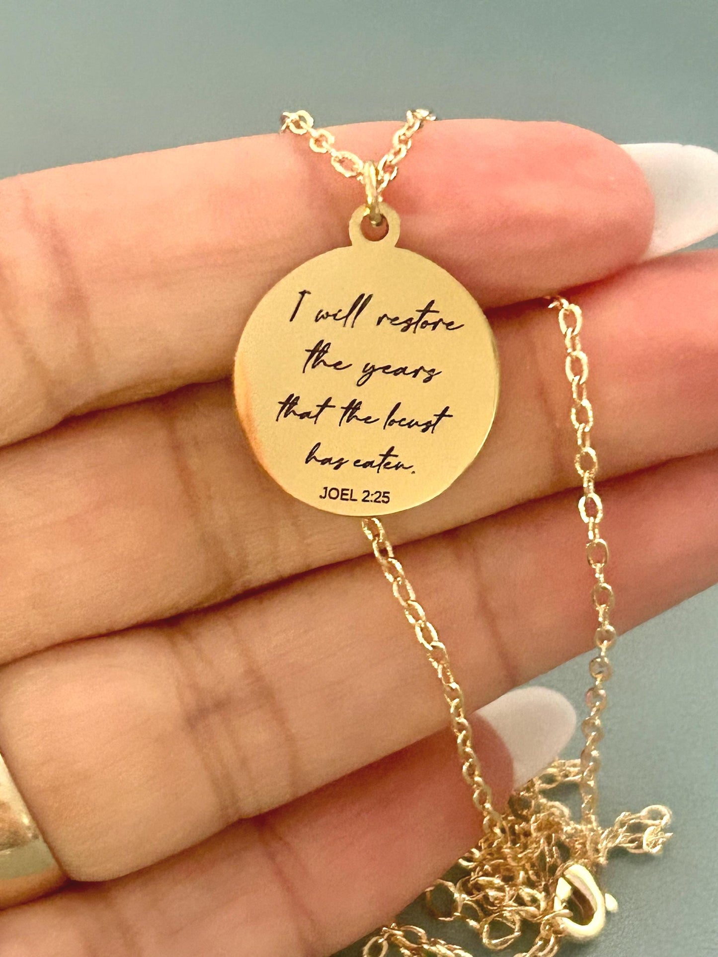Bible Verse Necklace Joel 2:25, I will restore the years that the locust has eaten, Christian Gift, Scripture Jewelry, Personalized Necklace