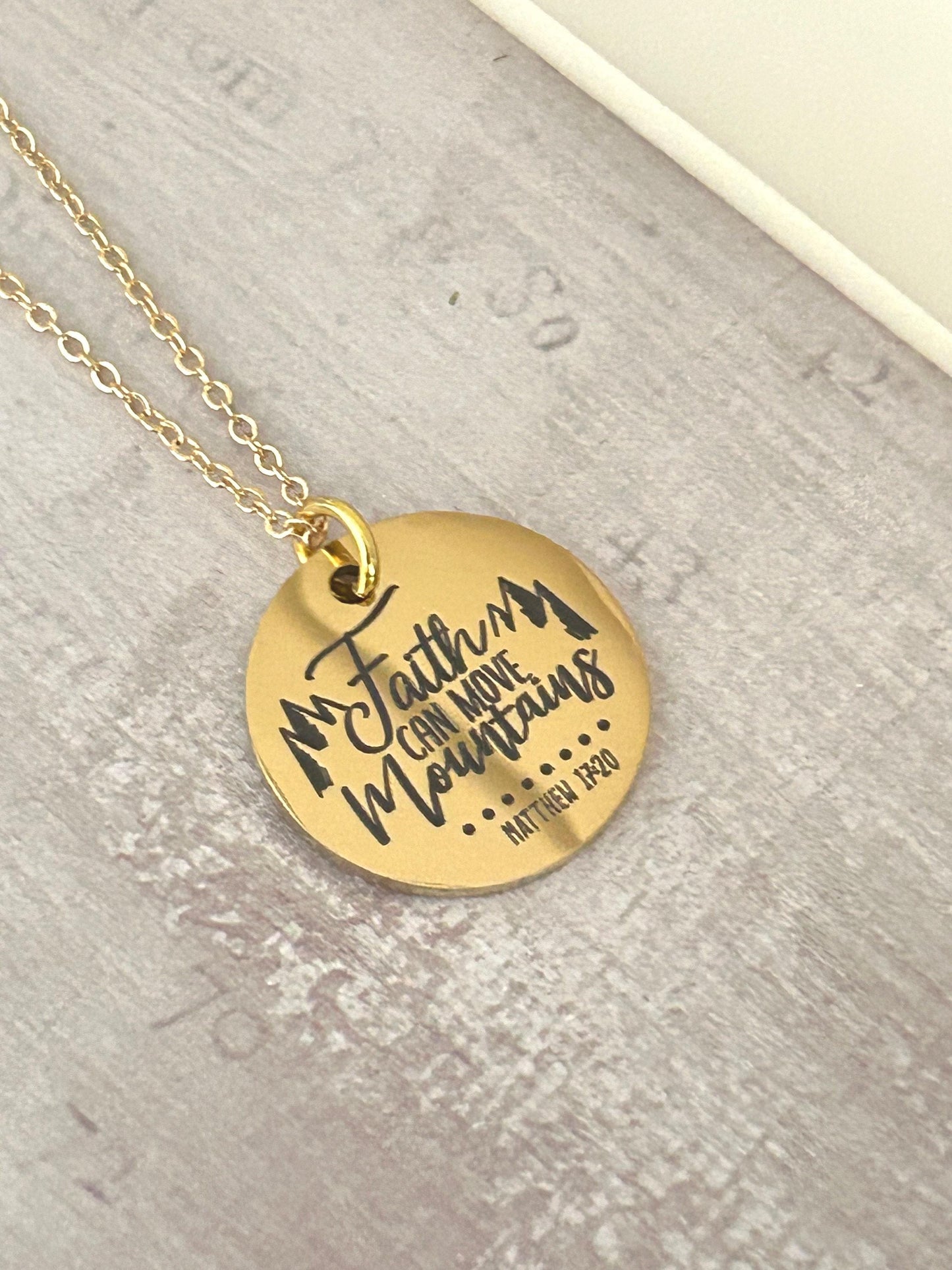 Faith Moves Mountains Necklace, Christian Faith Gifts, Scripture Jewelry, Mathew 17:20, Gold Charm Necklace, Easter jewelry, Gifts for Mom,