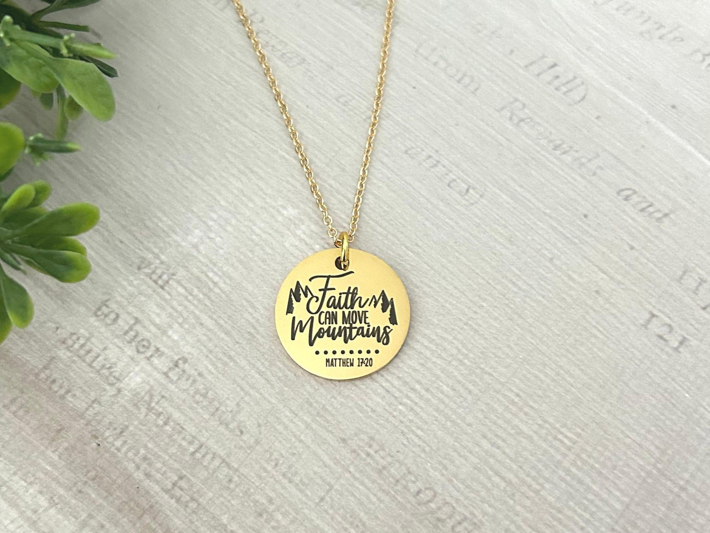 Faith Moves Mountains Necklace, Christian Faith Gifts, Scripture Jewelry, Mathew 17:20, Gold Charm Necklace, Easter jewelry, Gifts for Mom,
