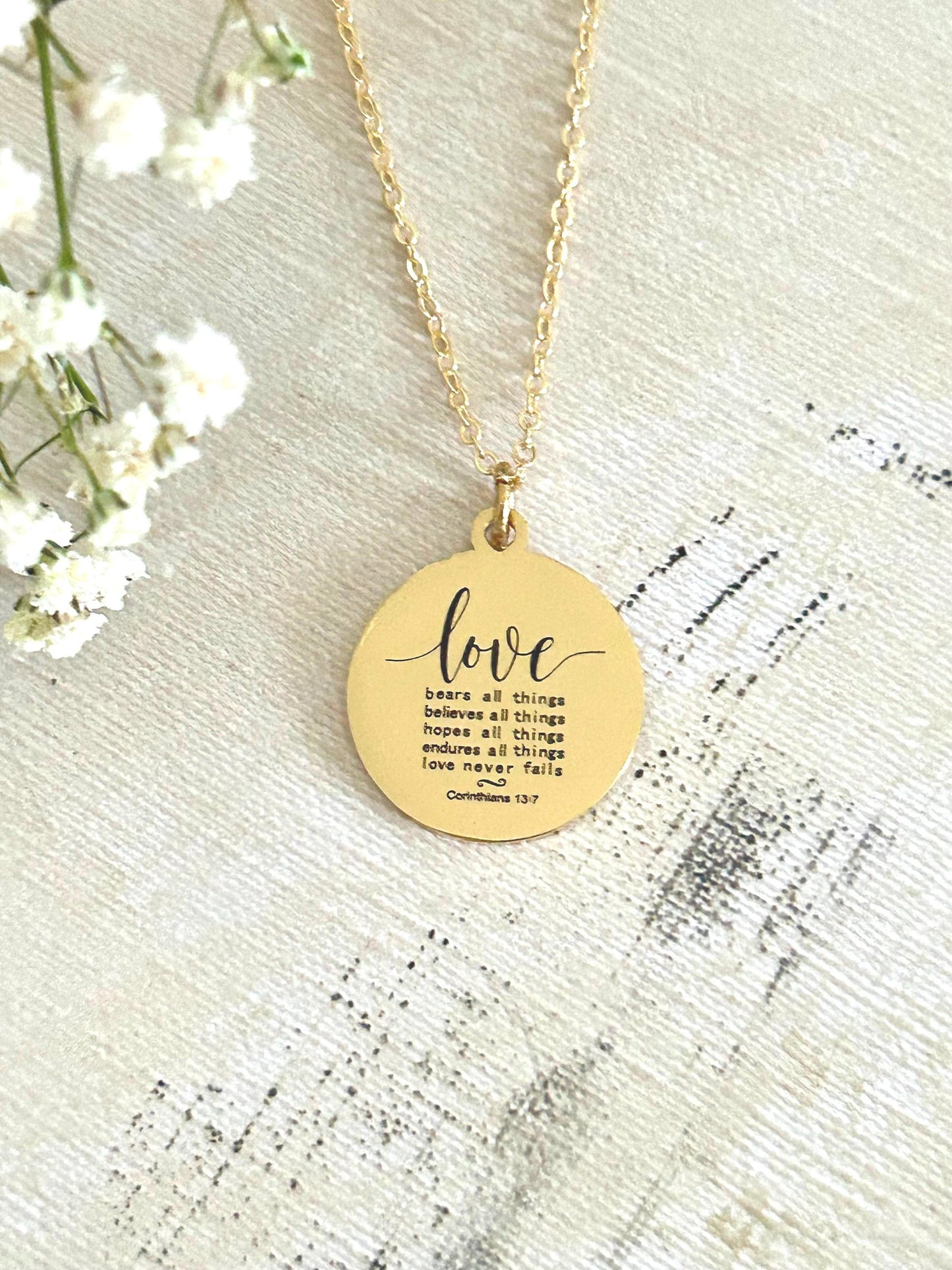 Love Never Fails Bible Verse Necklace, Christian Gifts, Scripture Necklace, Mothers Day Gift, Wedding Gift, Love Jewelry, Corinthians 13:7