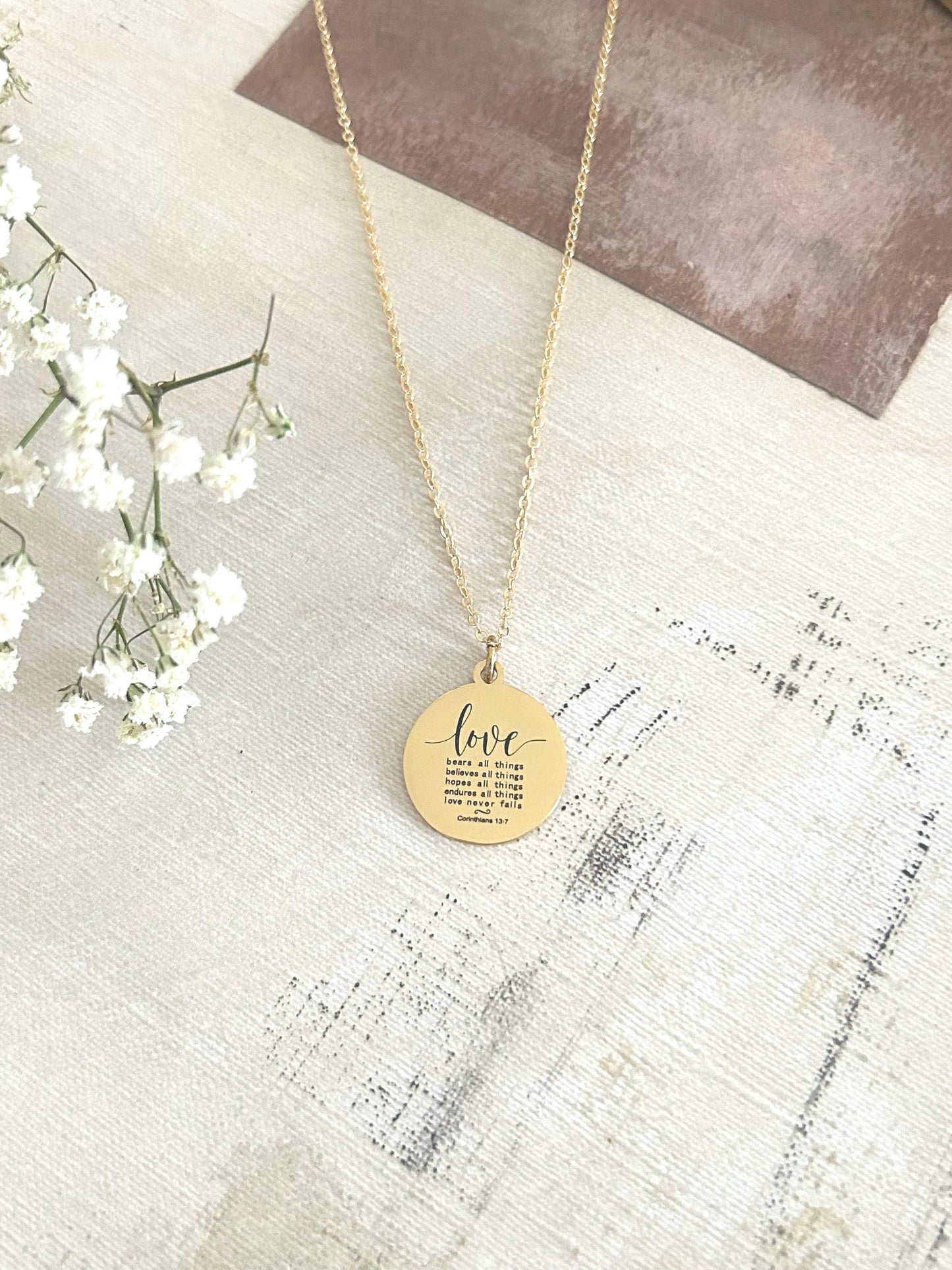 Love Never Fails Bible Verse Necklace, Christian Gifts, Scripture Necklace, Mothers Day Gift, Wedding Gift, Love Jewelry, Corinthians 13:7
