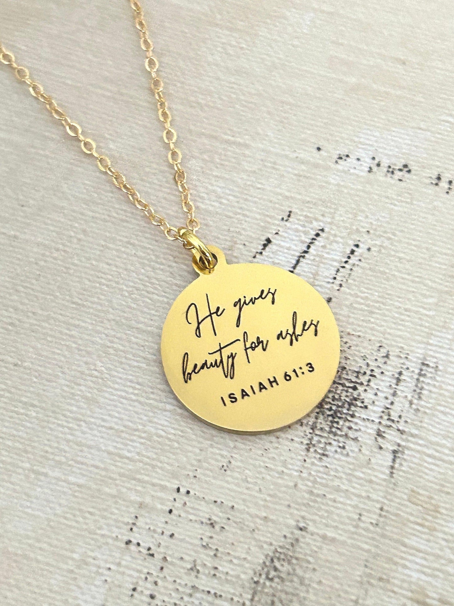 He gives Beauty for Ashes Gold Necklace, Christian Gifts, Isaiah 61:3 Jewelry, Encouragement Gifts, Gifts for Mom, personalized Necklace