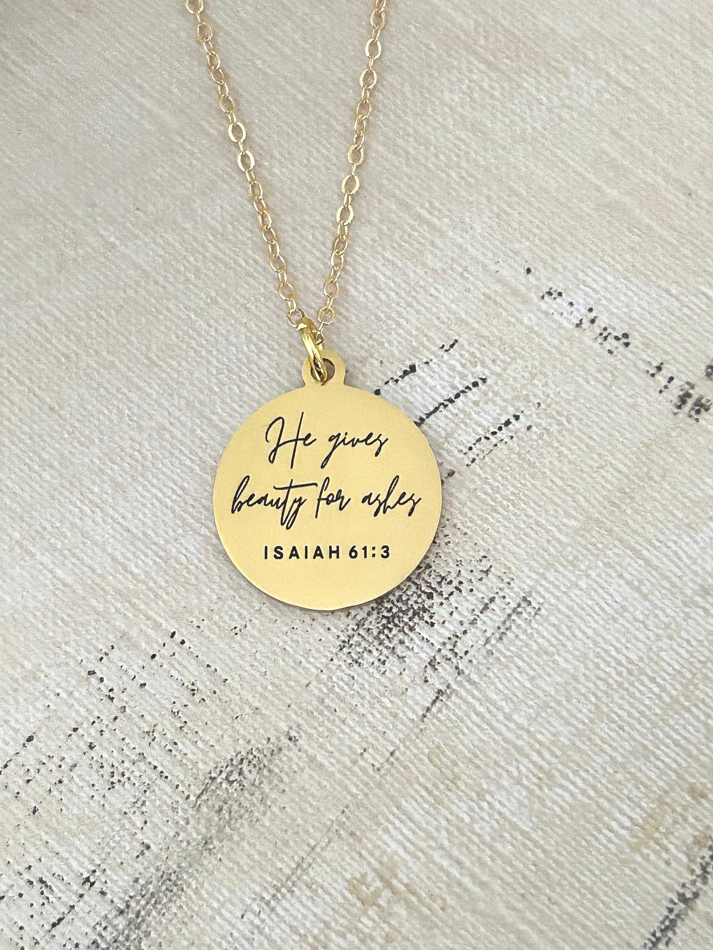 He gives Beauty for Ashes Gold Necklace, Christian Gifts, Isaiah 61:3 Jewelry, Encouragement Gifts, Gifts for Mom, personalized Necklace