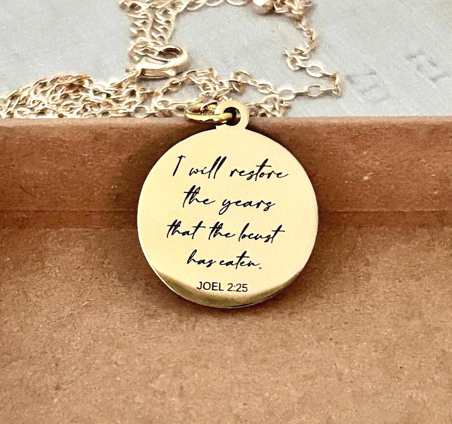 Bible Verse Necklace Joel 2:25, I will restore the years that the locust has eaten, Christian Gift, Scripture Jewelry, Personalized Necklace