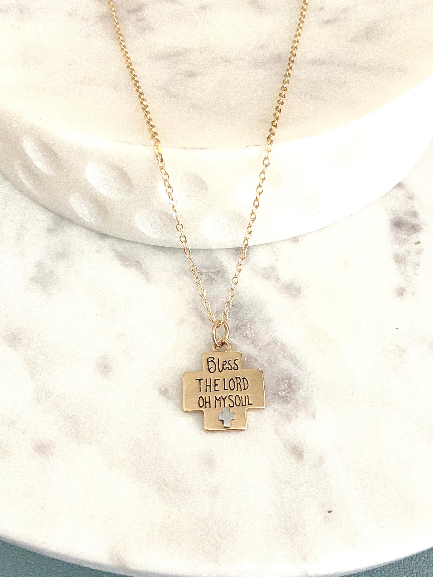 Bless the Lord oh My Soul Bible Verse Necklace, Psalm 103, Christian Gifts, Gold Cross Necklace, Affirmation Baptism gifts, Easter Jewelry