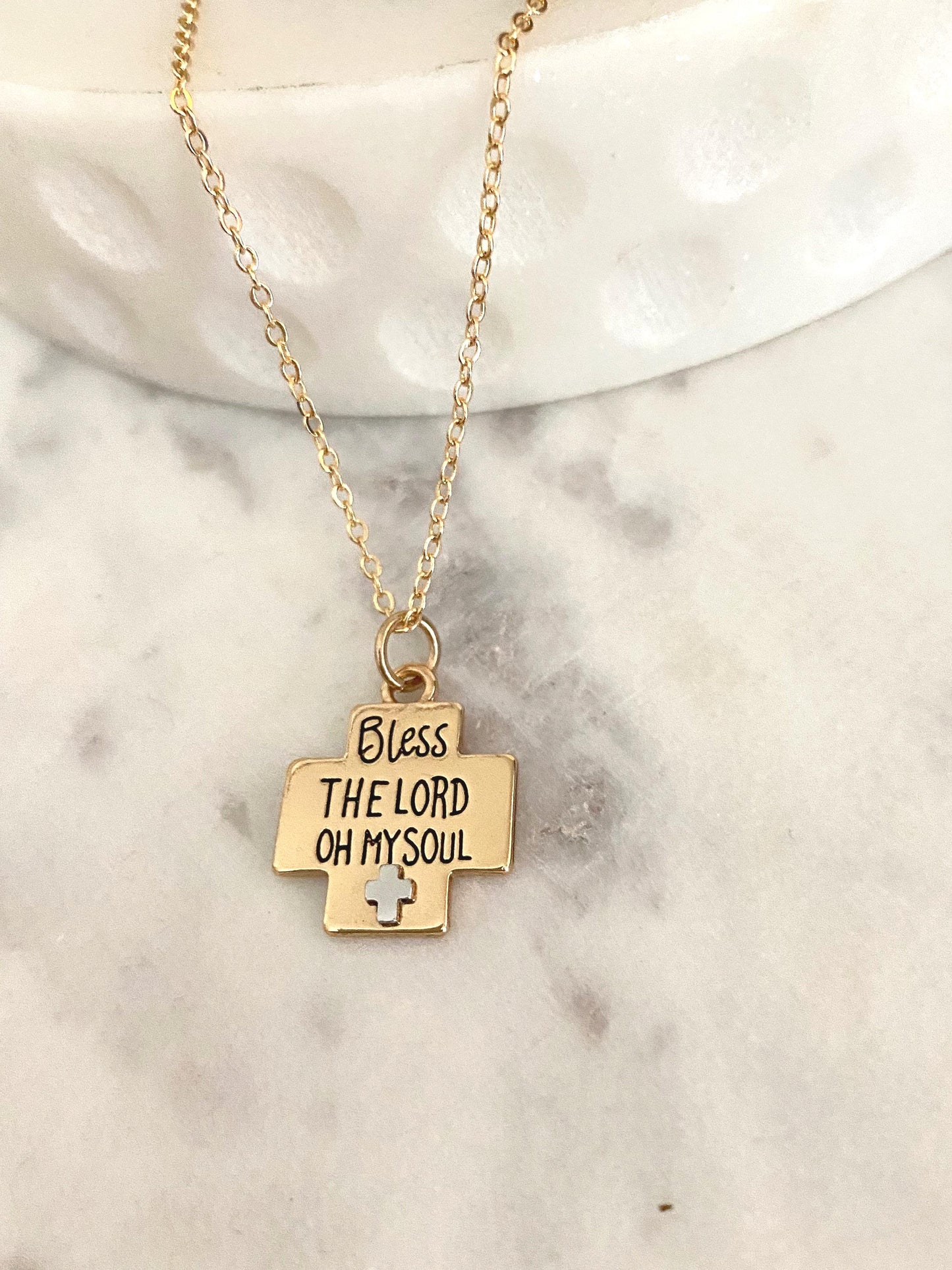 Bless the Lord oh My Soul Bible Verse Necklace, Psalm 103, Christian Gifts, Gold Cross Necklace, Affirmation Baptism gifts, Easter Jewelry