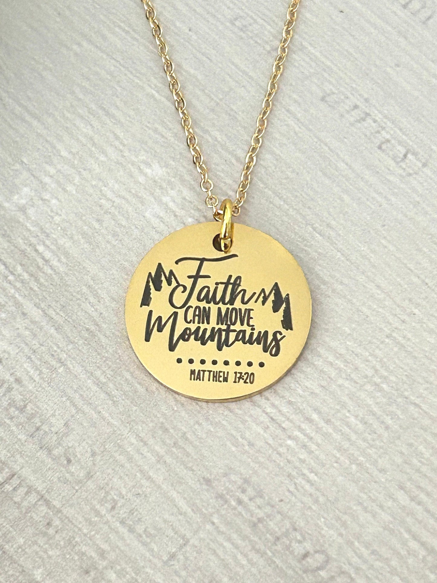 Faith Moves Mountains Necklace, Christian Faith Gifts, Scripture Jewelry, Mathew 17:20, Gold Charm Necklace, Easter jewelry, Gifts for Mom,