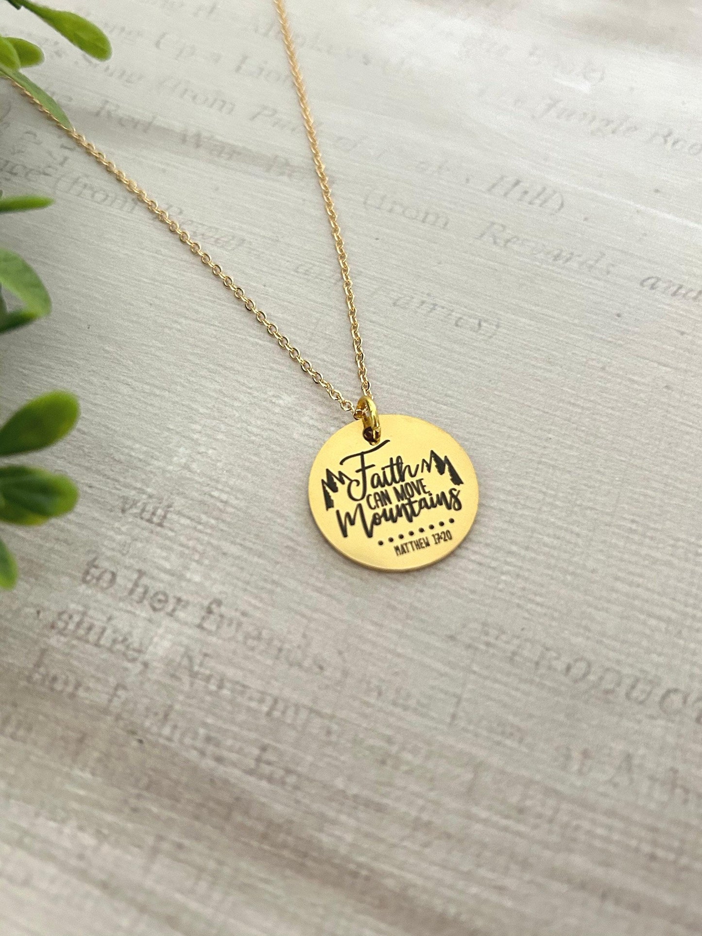 Faith Moves Mountains Necklace, Christian Faith Gifts, Scripture Jewelry, Mathew 17:20, Gold Charm Necklace, Easter jewelry, Gifts for Mom,