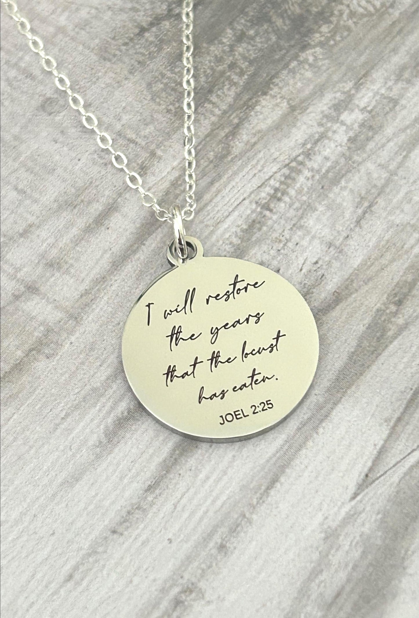 Bible Verse Necklace Joel 2:25, I will restore the years that the locust has eaten, Christian Gift, Scripture Jewelry, Personalized Necklace