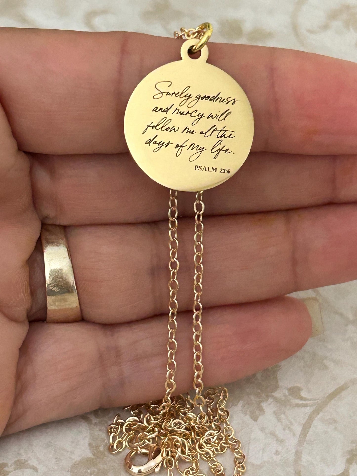 Surely goodness and Mercy will follow Me Psalm 23:6 Necklace Christian Inspirational Gifts Scripture Custom Jewelry Goodness Necklace