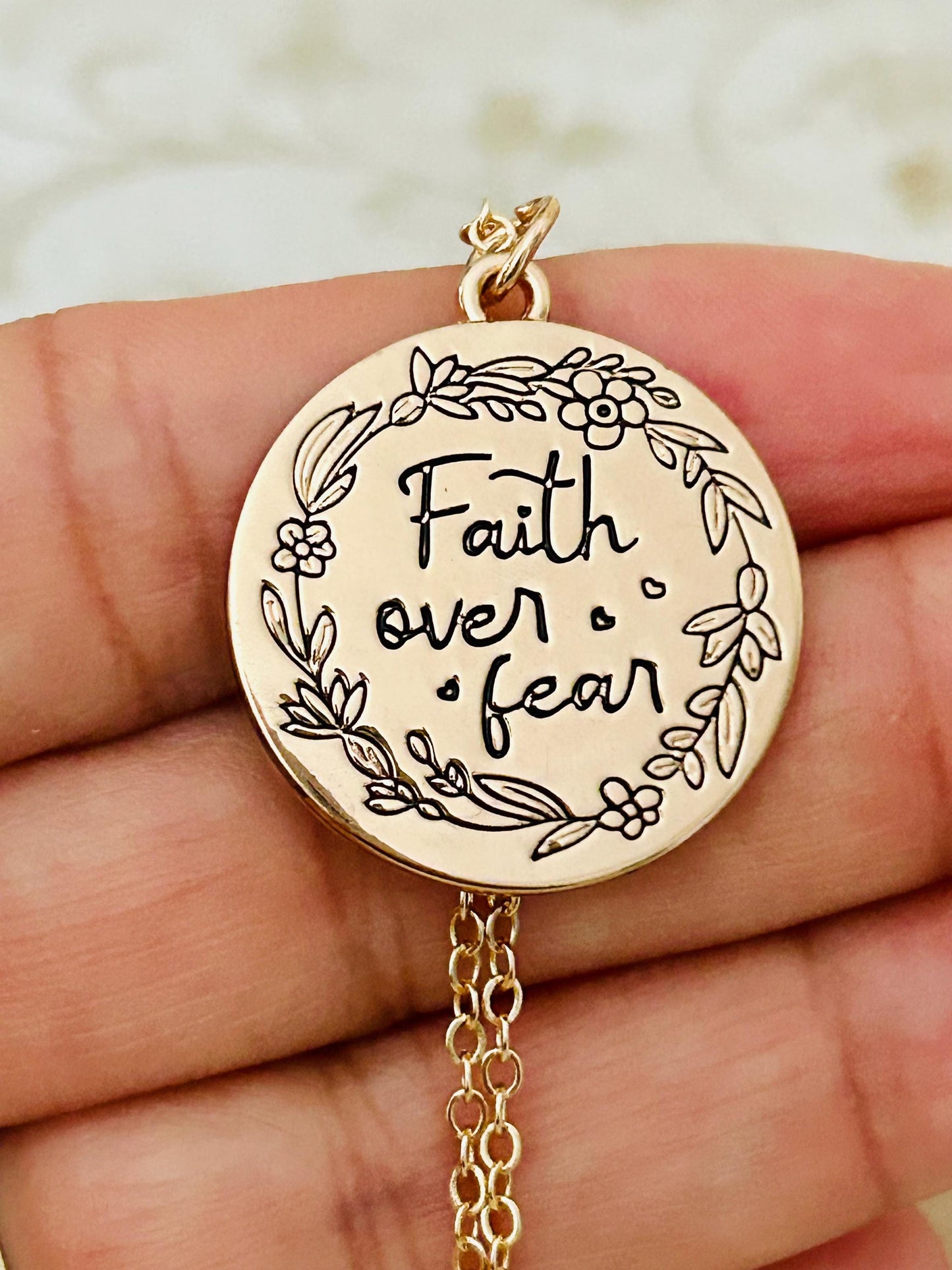 Faith Over Fear Gold Charm Necklace, Engraved Flower Necklace, Christian Gifts, Motivational Necklace, Meaningful Gifts, Faith Necklace