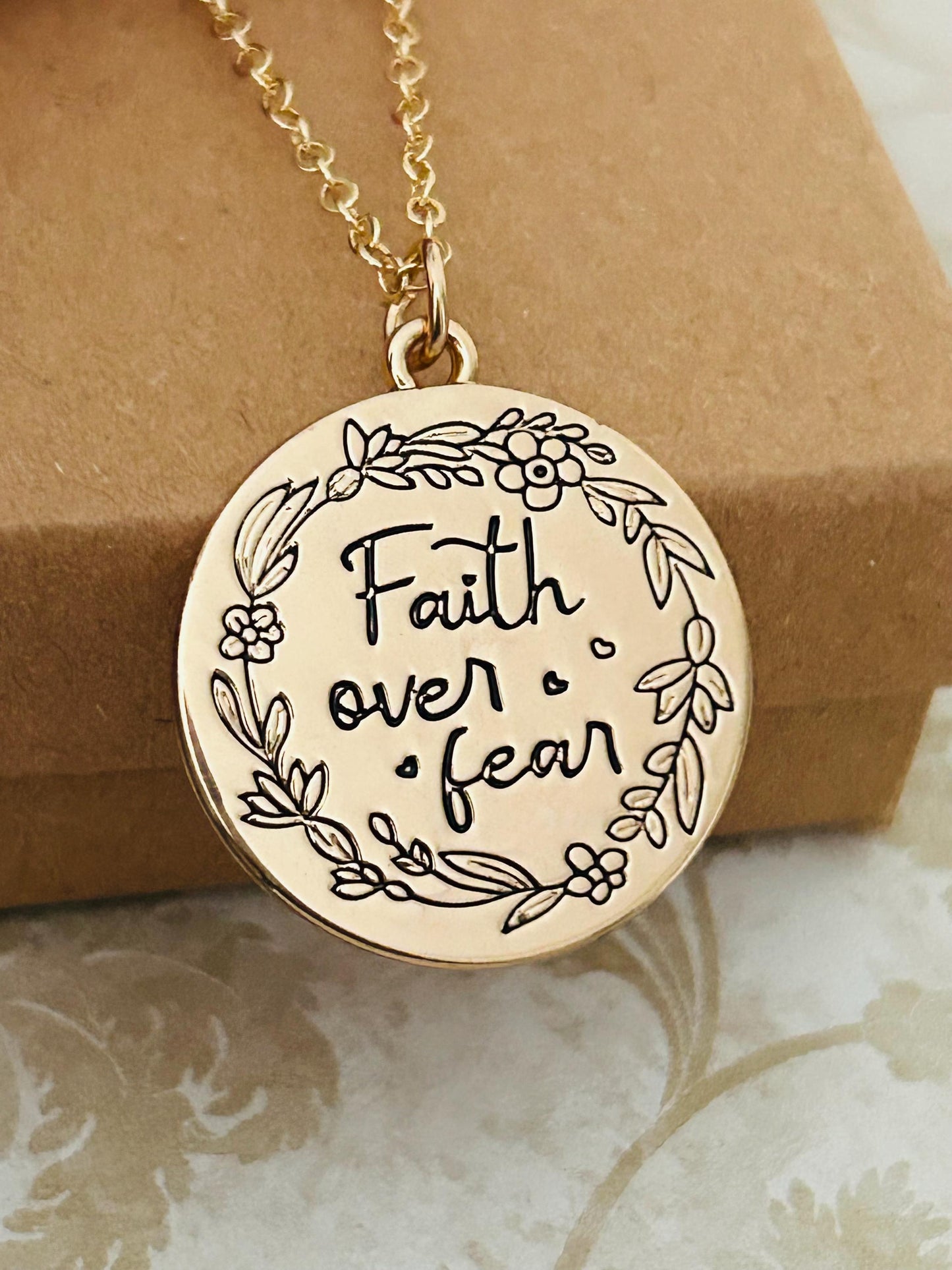Faith Over Fear Gold Charm Necklace, Engraved Flower Necklace, Christian Gifts, Motivational Necklace, Meaningful Gifts, Faith Necklace
