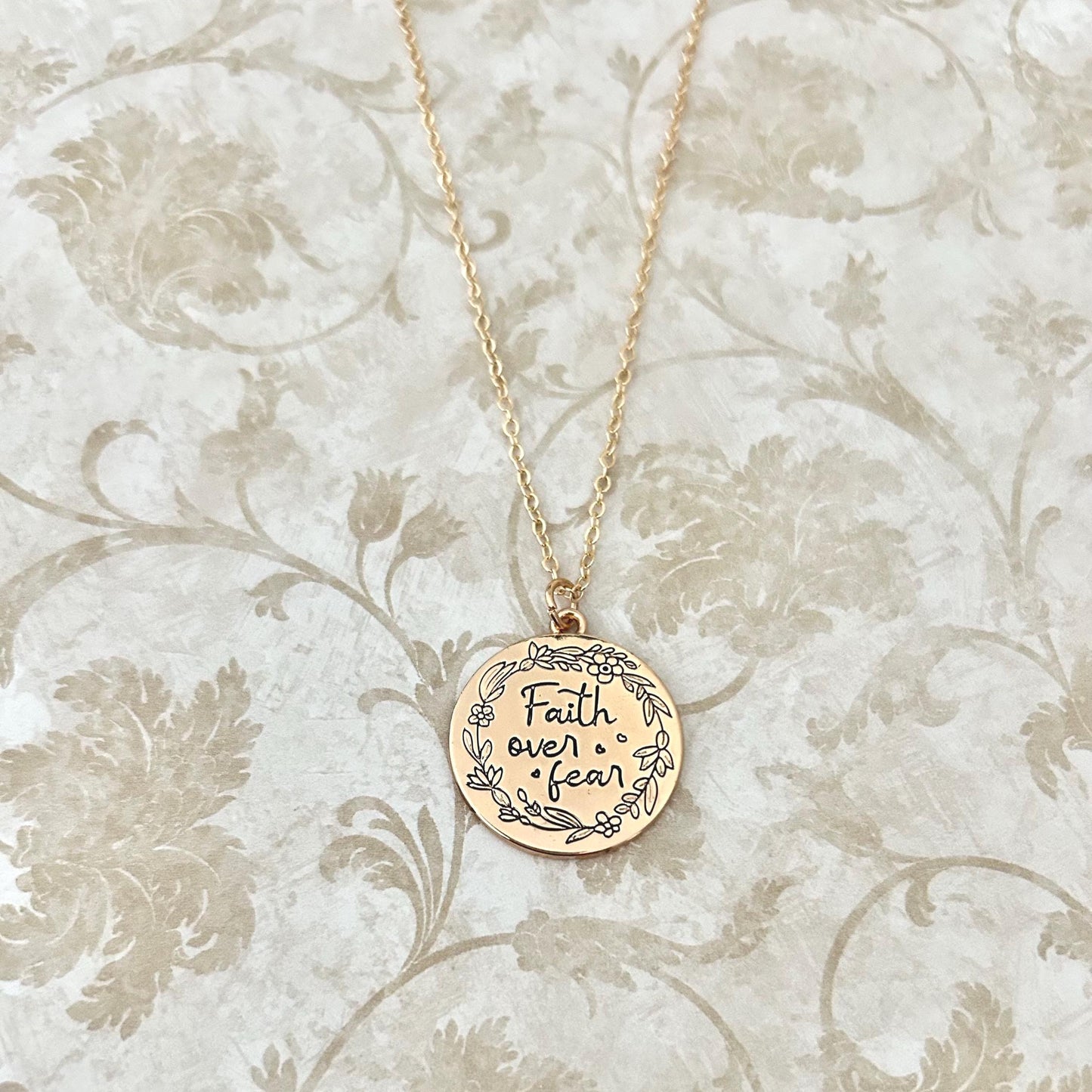 Faith Over Fear Gold Charm Necklace, Engraved Flower Necklace, Christian Gifts, Motivational Necklace, Meaningful Gifts, Faith Necklace