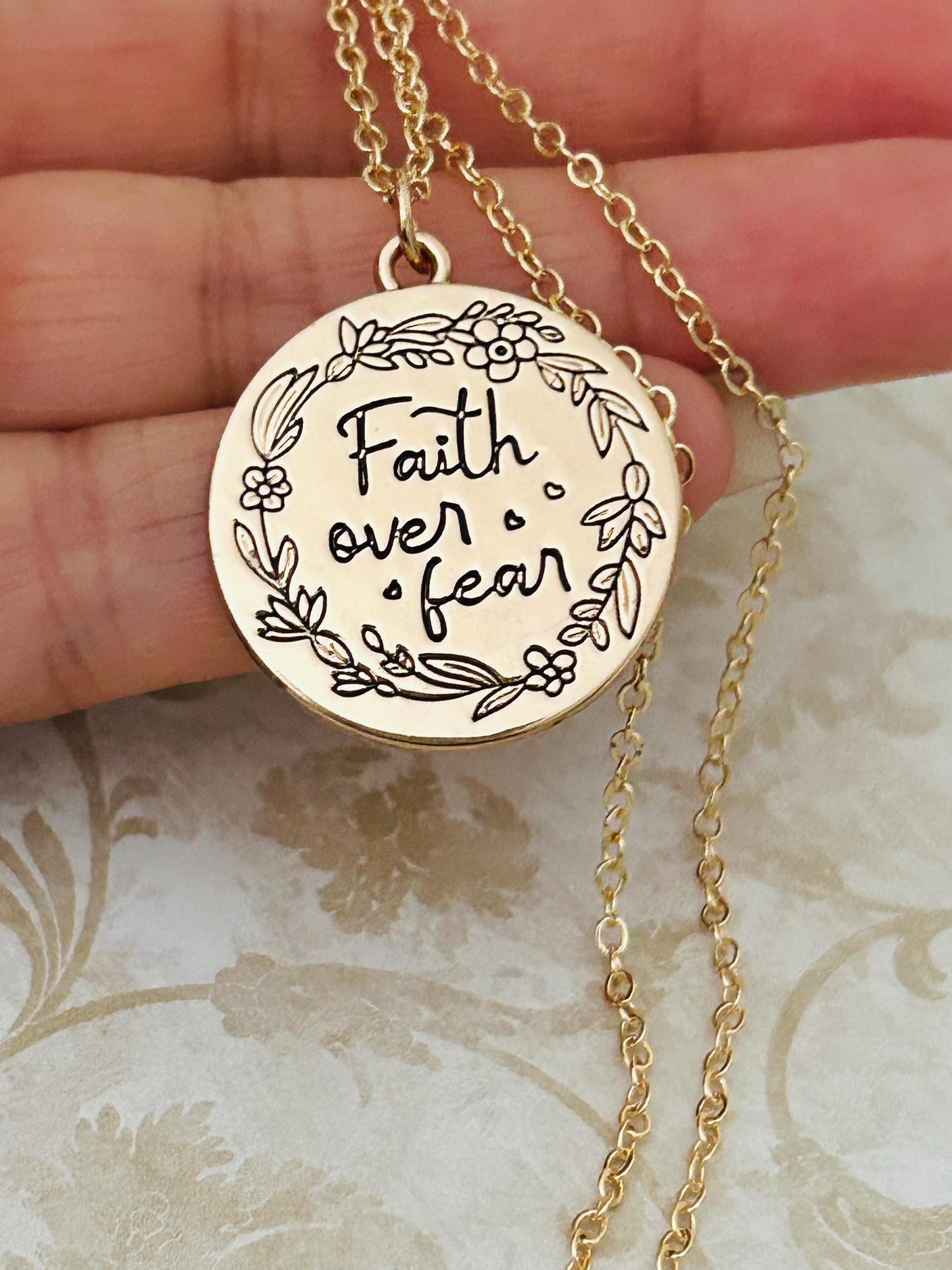 Faith Over Fear Gold Charm Necklace, Engraved Flower Necklace, Christian Gifts, Motivational Necklace, Meaningful Gifts, Faith Necklace