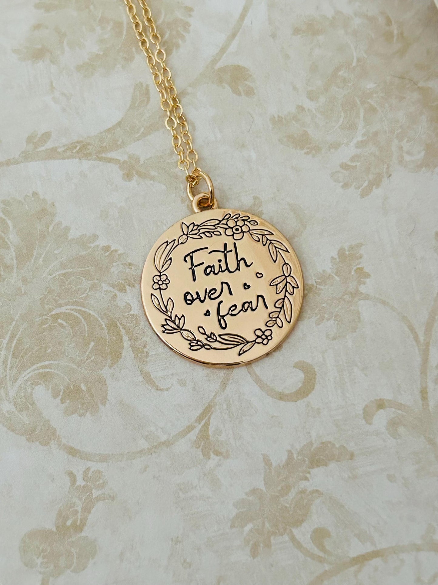 Faith Over Fear Gold Charm Necklace, Engraved Flower Necklace, Christian Gifts, Motivational Necklace, Meaningful Gifts, Faith Necklace
