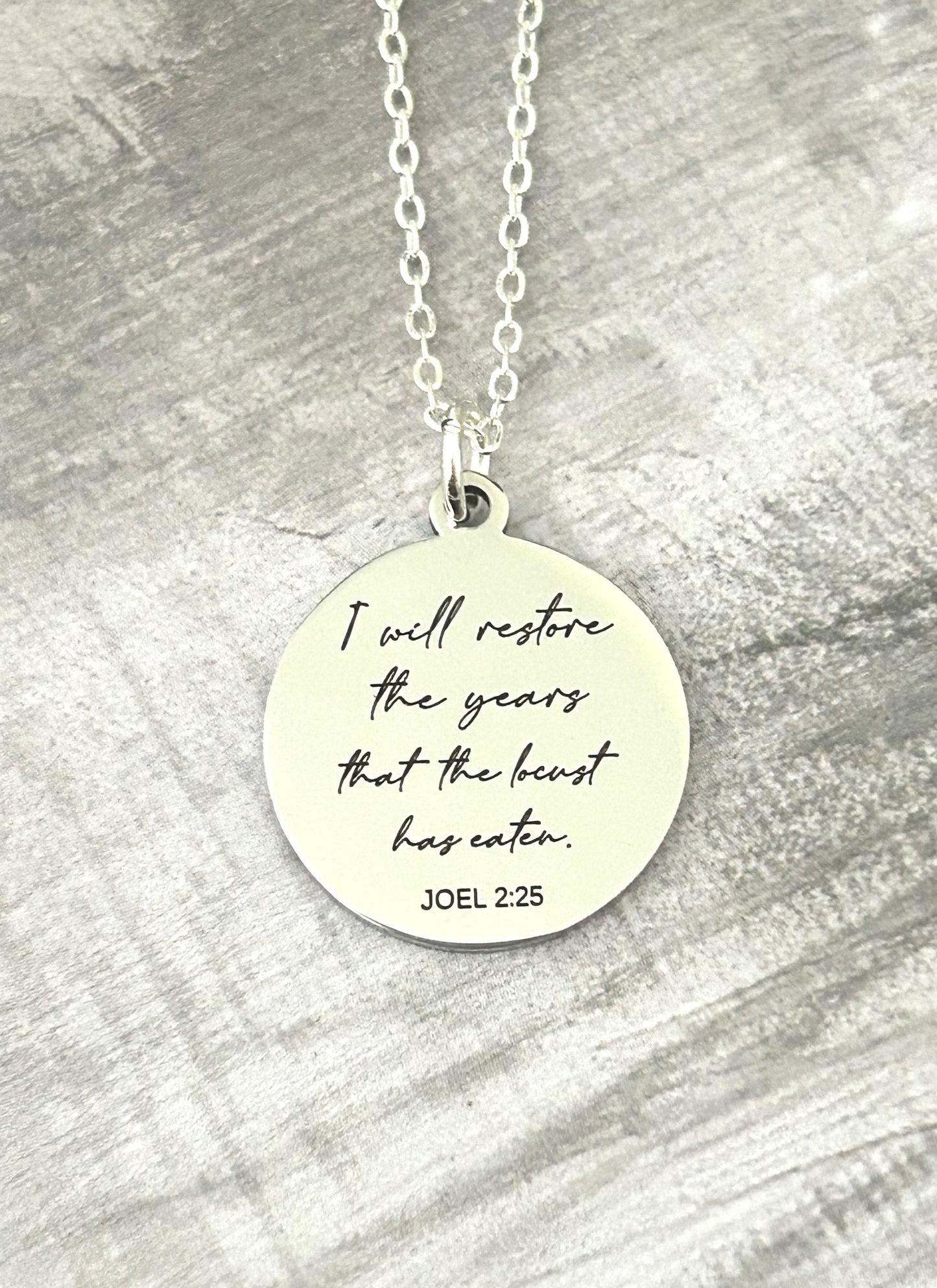 Bible Verse Necklace Joel 2:25, I will restore the years that the locust has eaten, Christian Gift, Scripture Jewelry, Personalized Necklace