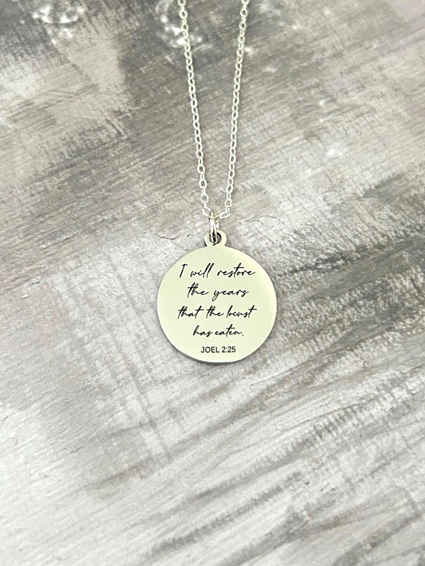 Bible Verse Necklace Joel 2:25, I will restore the years that the locust has eaten, Christian Gift, Scripture Jewelry, Personalized Necklace