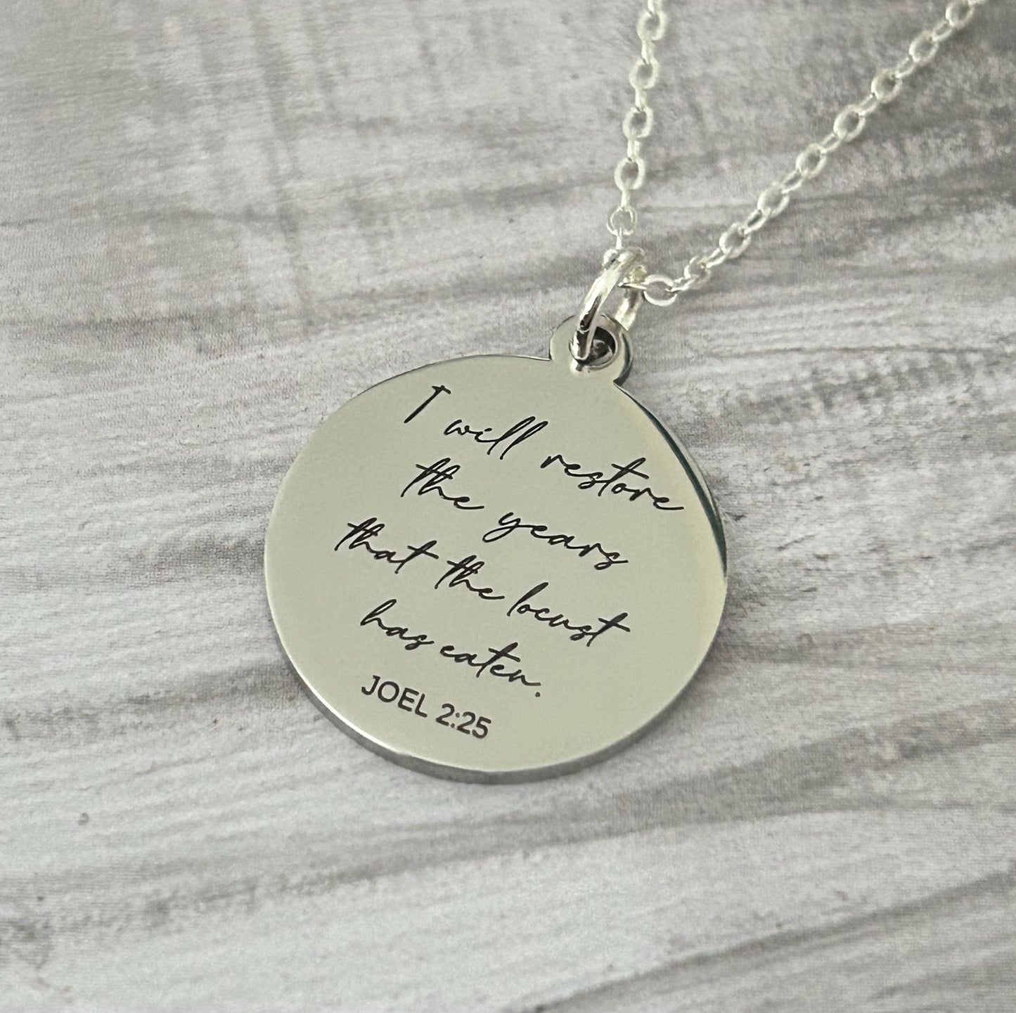 Bible Verse Necklace Joel 2:25, I will restore the years that the locust has eaten, Christian Gift, Scripture Jewelry, Personalized Necklace