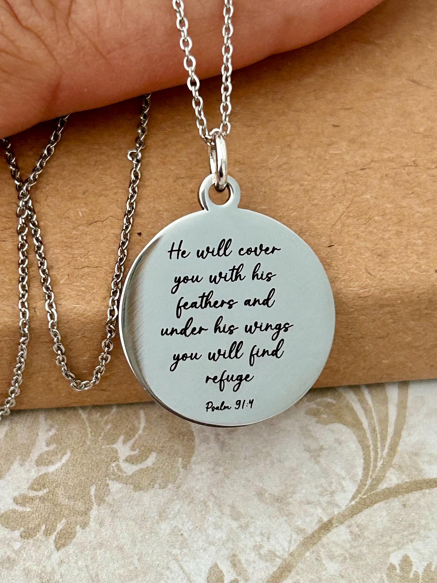 Psalm 91 Necklace, Christian Gifts, Scripture Jewelry, Gifts for Mom, Motivational Gifts Prayer necklace He will cover you with his feathers