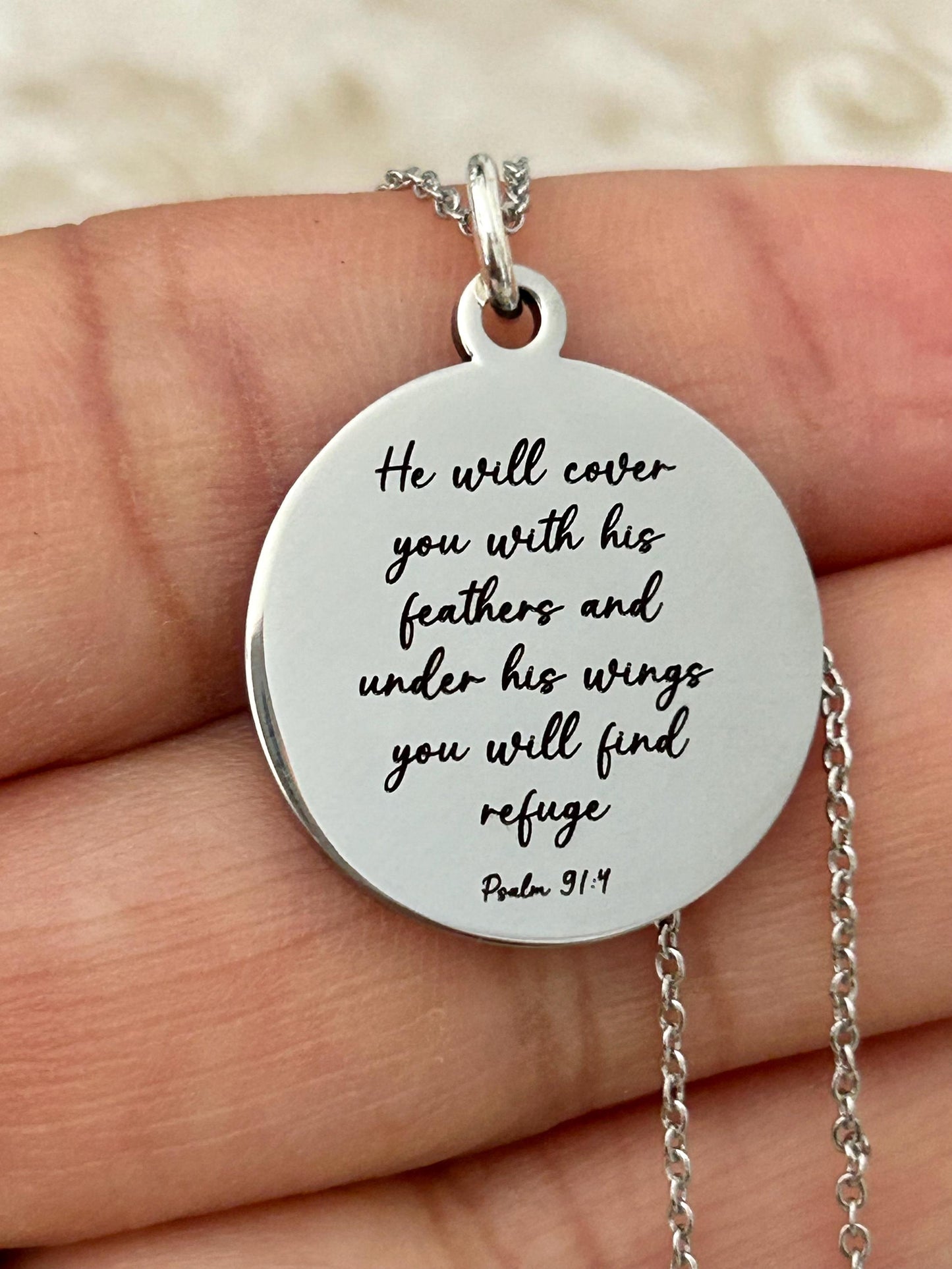 Psalm 91 Necklace, Christian Gifts, Scripture Jewelry, Gifts for Mom, Motivational Gifts Prayer necklace He will cover you with his feathers