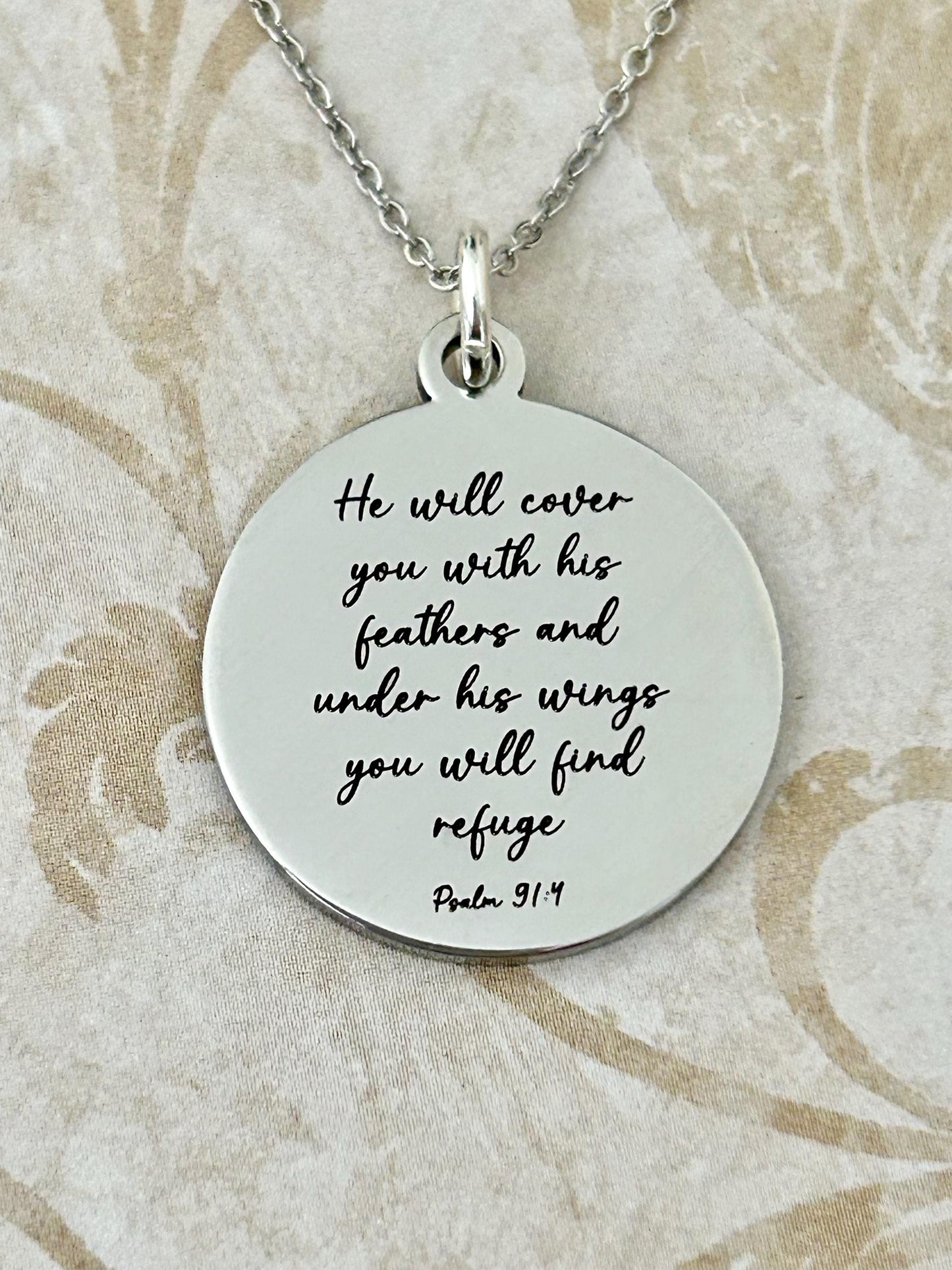 Psalm 91 Necklace, Christian Gifts, Scripture Jewelry, Gifts for Mom, Motivational Gifts Prayer necklace He will cover you with his feathers