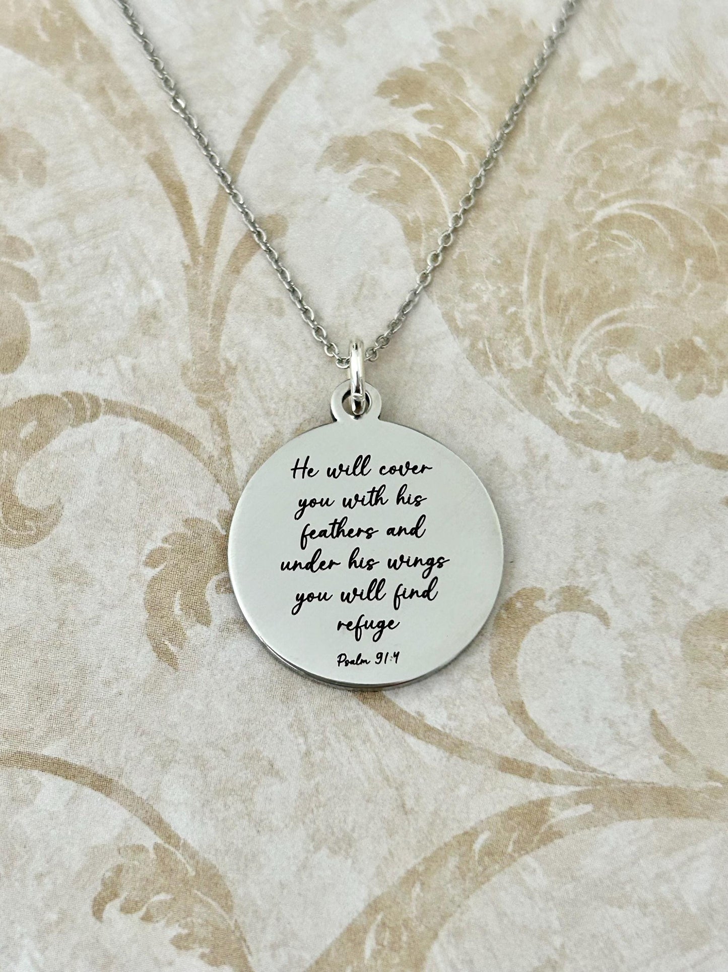 Psalm 91 Necklace, Christian Gifts, Scripture Jewelry, Gifts for Mom, Motivational Gifts Prayer necklace He will cover you with his feathers