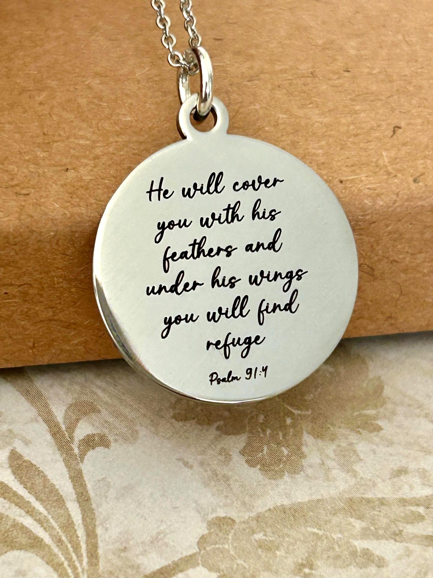 Psalm 91 Necklace, Christian Gifts, Scripture Jewelry, Gifts for Mom, Motivational Gifts Prayer necklace He will cover you with his feathers