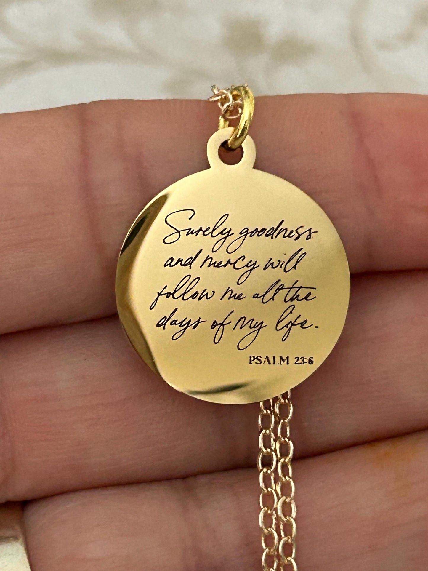 Surely goodness and Mercy will follow Me Psalm 23:6 Necklace Christian Inspirational Gifts Scripture Custom Jewelry Goodness Necklace