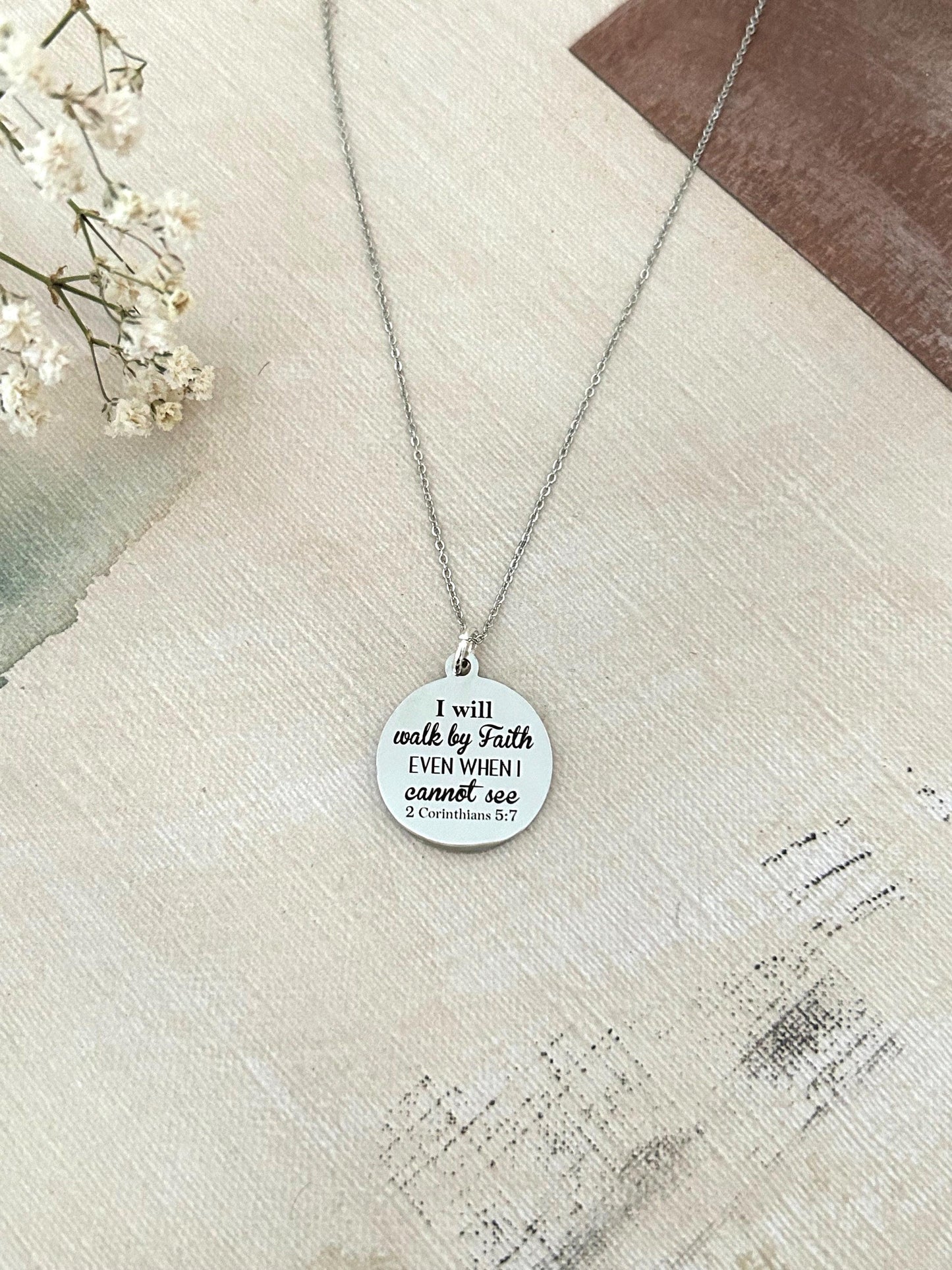 I will walk by faith Bible Verse Necklace, Christian Gifts, Scripture Jewelry, 2 Corinthians 5:7, Faith Jewelry, Engraved Silver Necklace