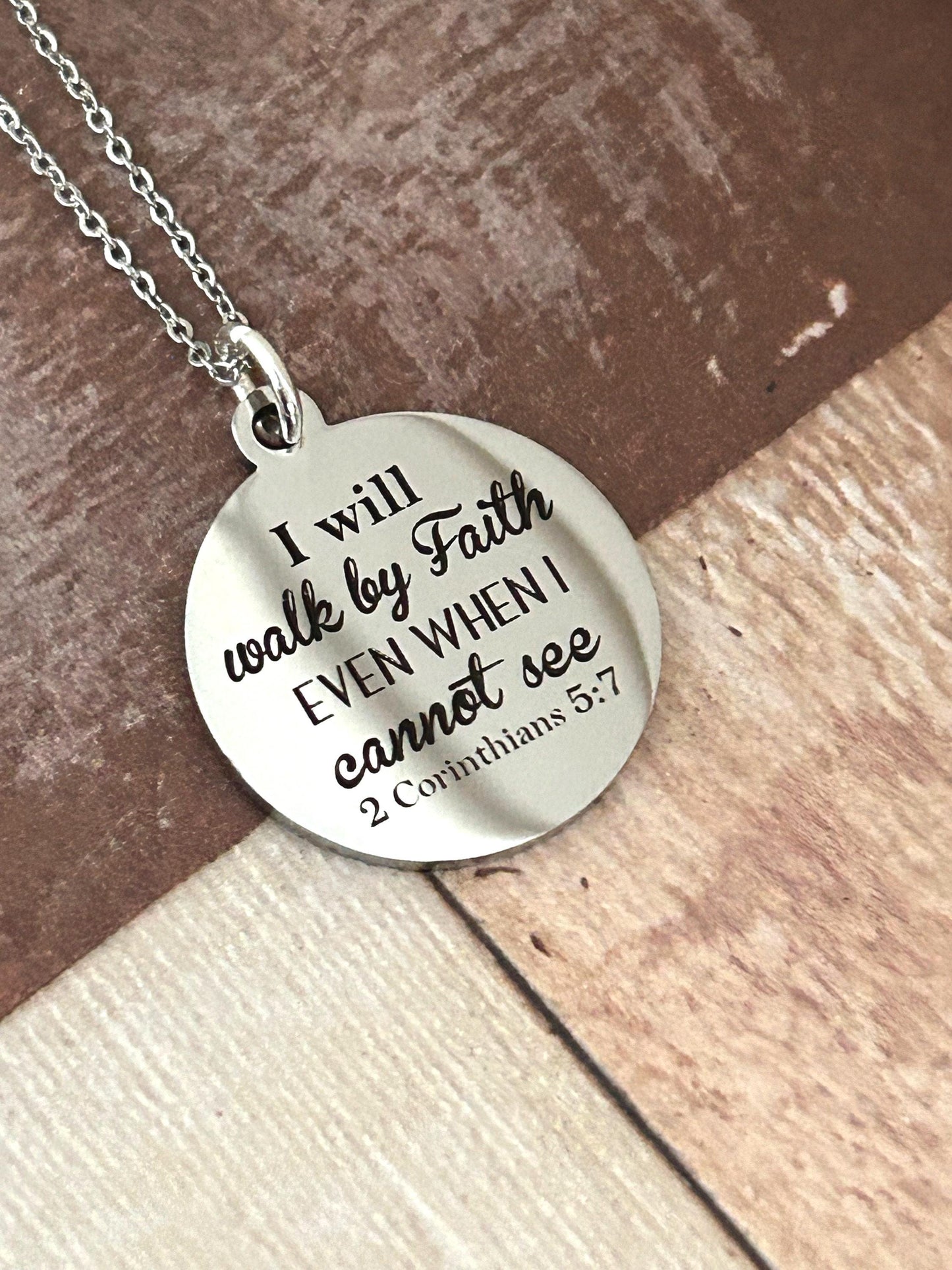 I will walk by faith Bible Verse Necklace, Christian Gifts, Scripture Jewelry, 2 Corinthians 5:7, Faith Jewelry, Engraved Silver Necklace