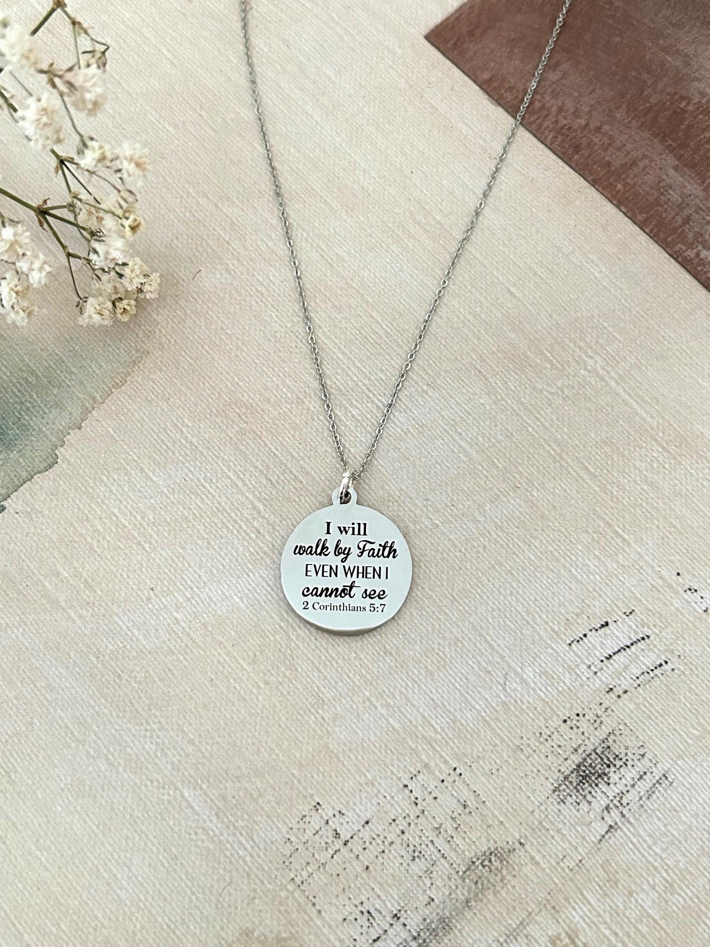 I will walk by faith Bible Verse Necklace, Christian Gifts, Scripture Jewelry, 2 Corinthians 5:7, Faith Jewelry, Engraved Silver Necklace