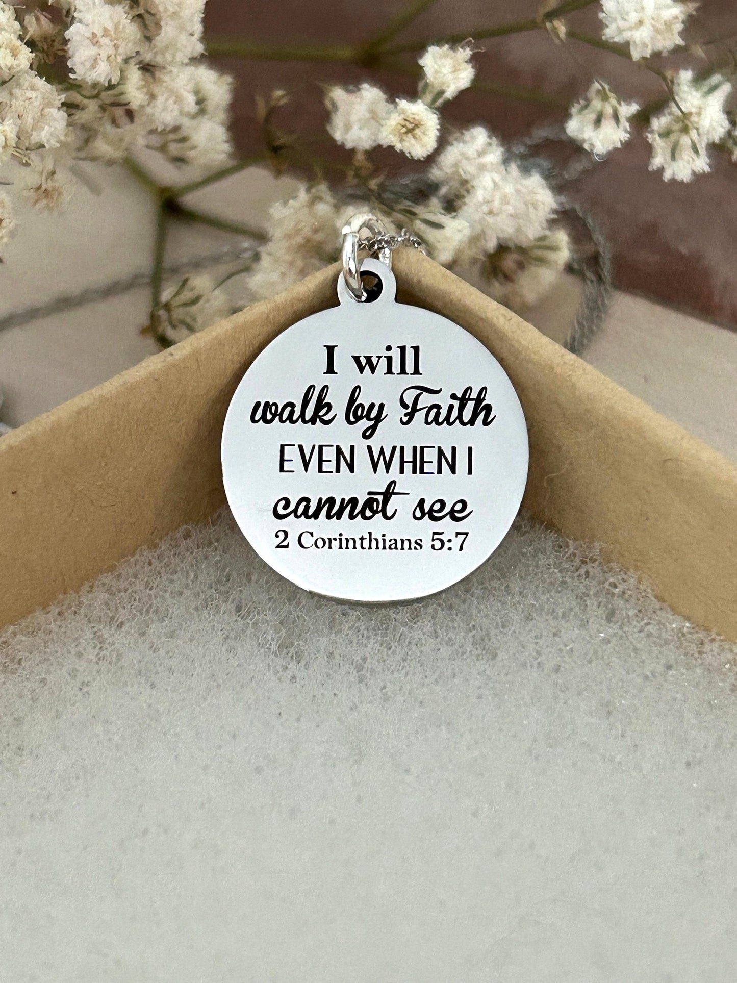 I will walk by faith Bible Verse Necklace, Christian Gifts, Scripture Jewelry, 2 Corinthians 5:7, Faith Jewelry, Engraved Silver Necklace