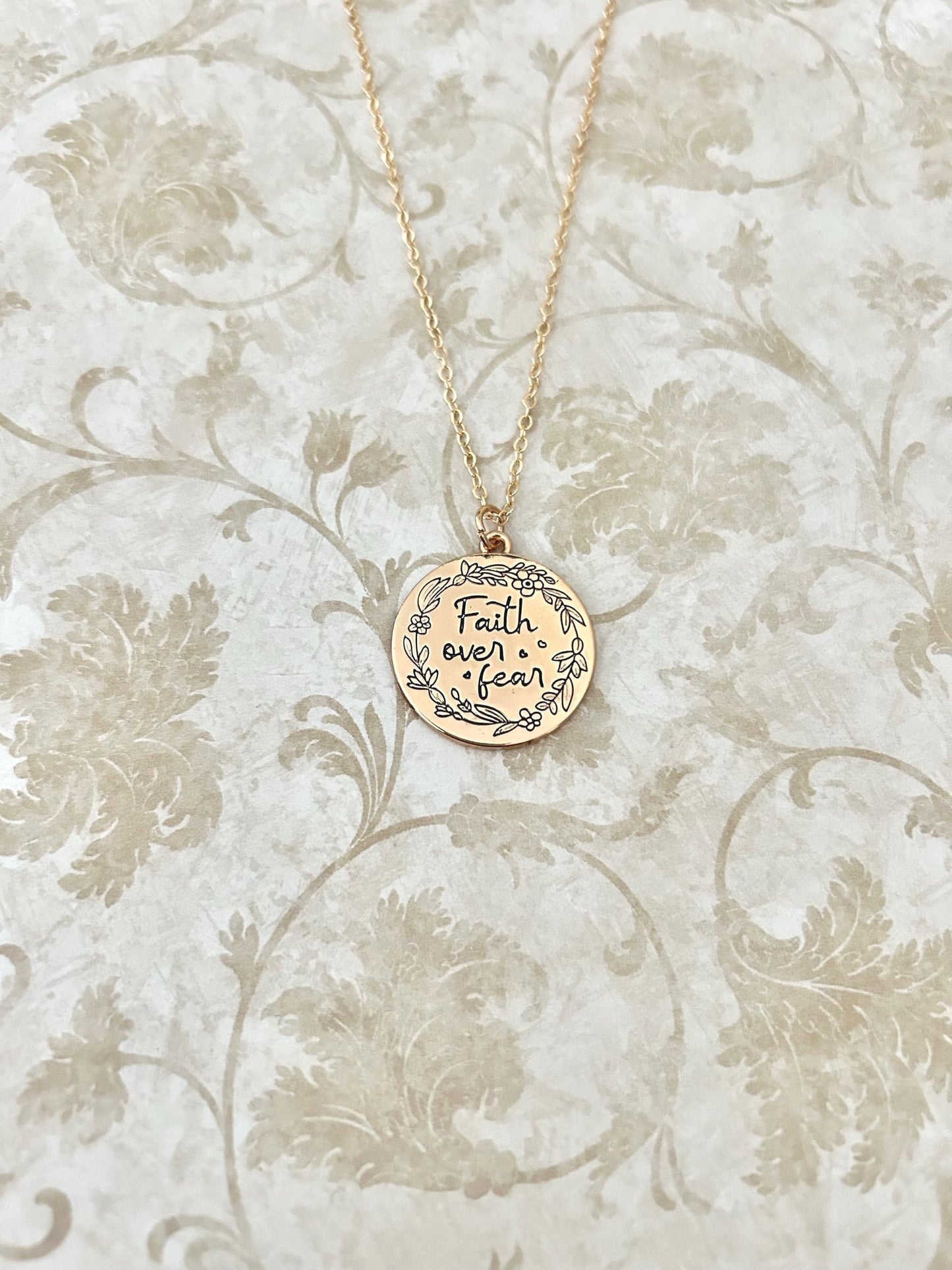 Faith Over Fear Gold Charm Necklace, Engraved Flower Necklace, Christian Gifts, Motivational Necklace, Meaningful Gifts, Faith Necklace