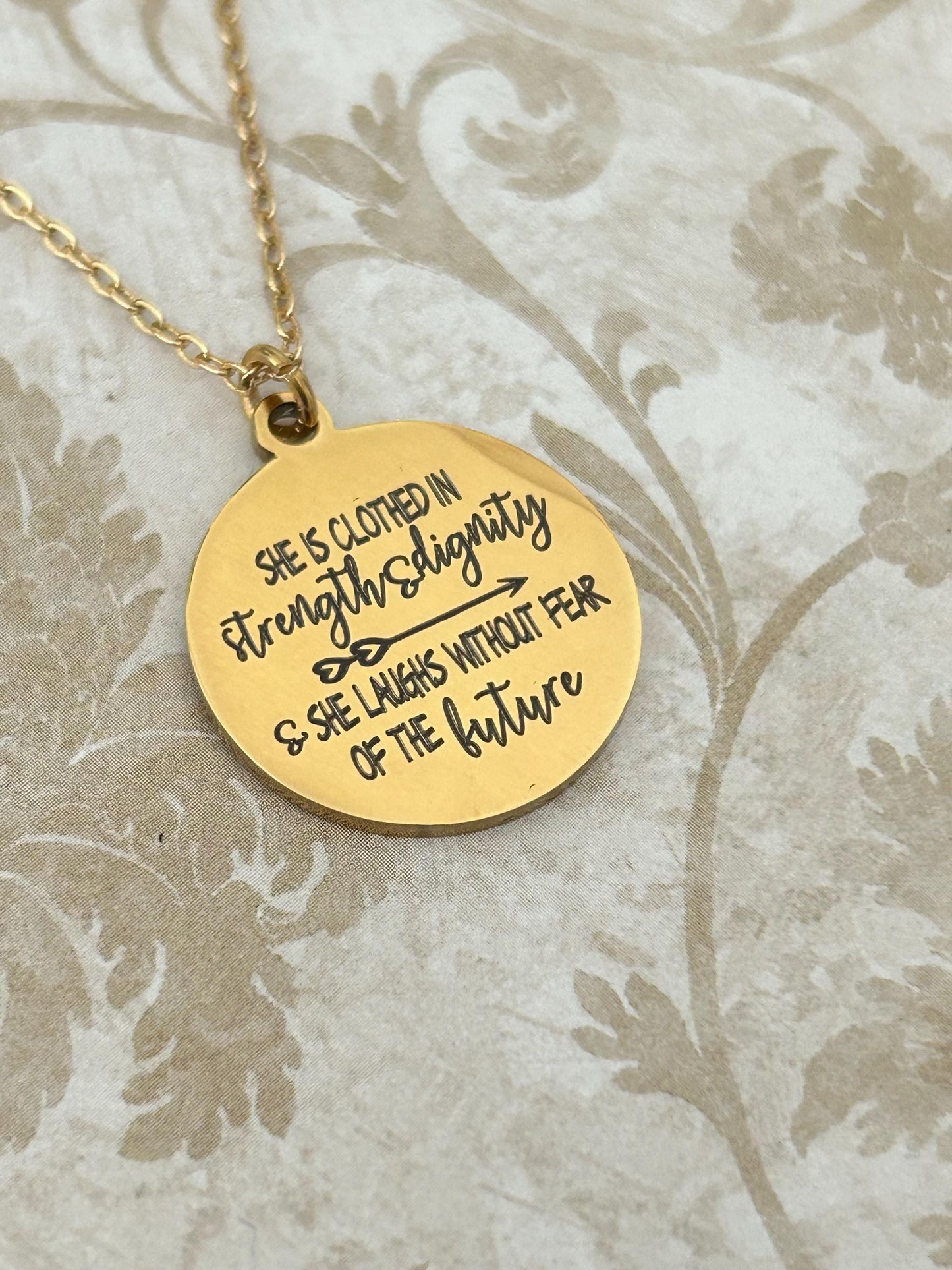 Proverbs 31:25 Gold Necklace, She is clothed in strength and Dignity, Christian Gifts Jewelry, Bible Quote Necklace, Scripture Jewelry,