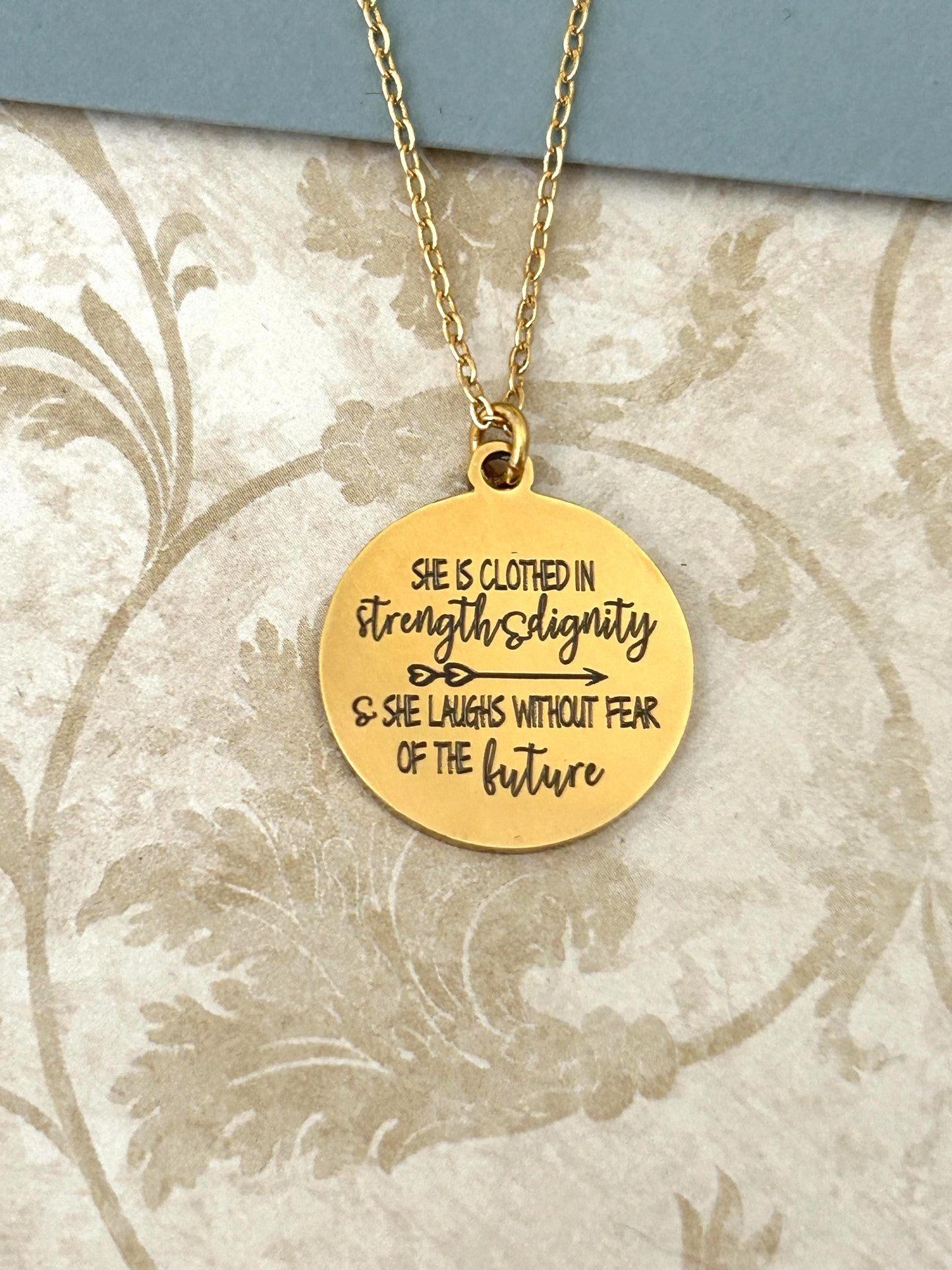 Proverbs 31:25 Gold Necklace, She is clothed in strength and Dignity, Christian Gifts Jewelry, Bible Quote Necklace, Scripture Jewelry,