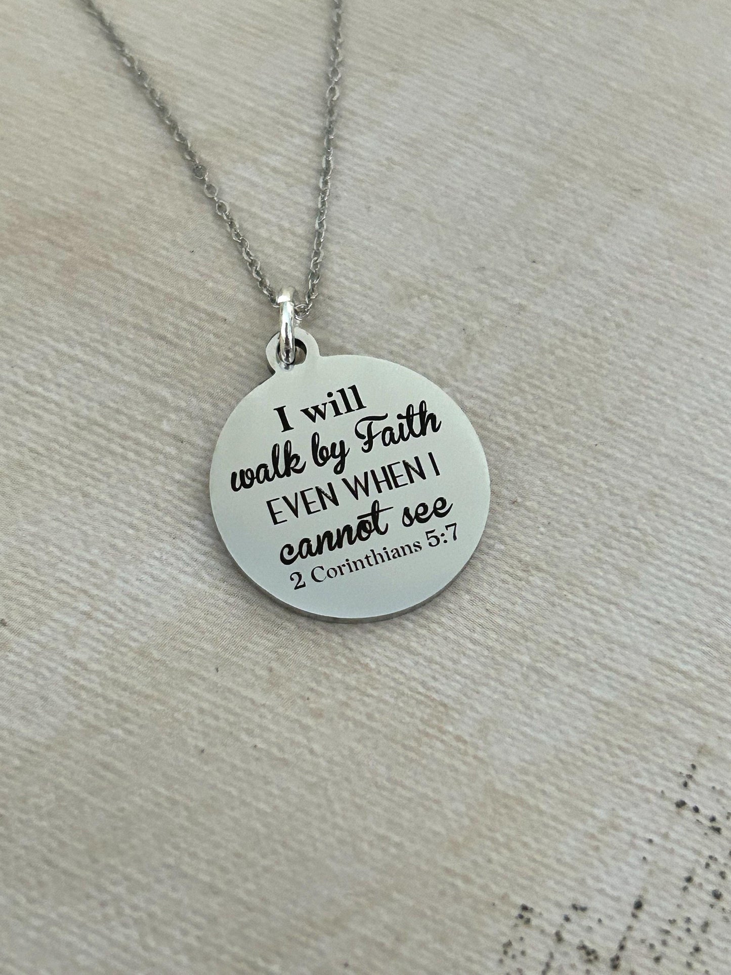 I will walk by faith Bible Verse Necklace, Christian Gifts, Scripture Jewelry, 2 Corinthians 5:7, Faith Jewelry, Engraved Silver Necklace