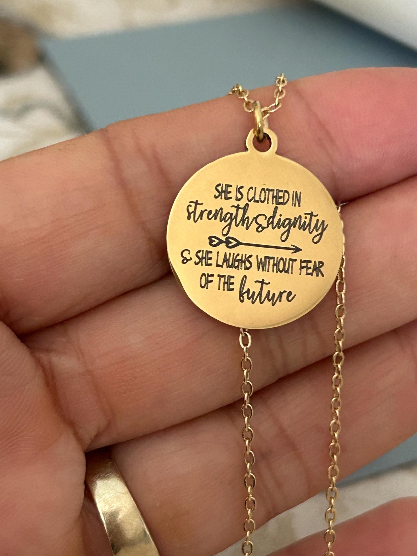Proverbs 31:25 Gold Necklace, She is clothed in strength and Dignity, Christian Gifts Jewelry, Bible Quote Necklace, Scripture Jewelry,
