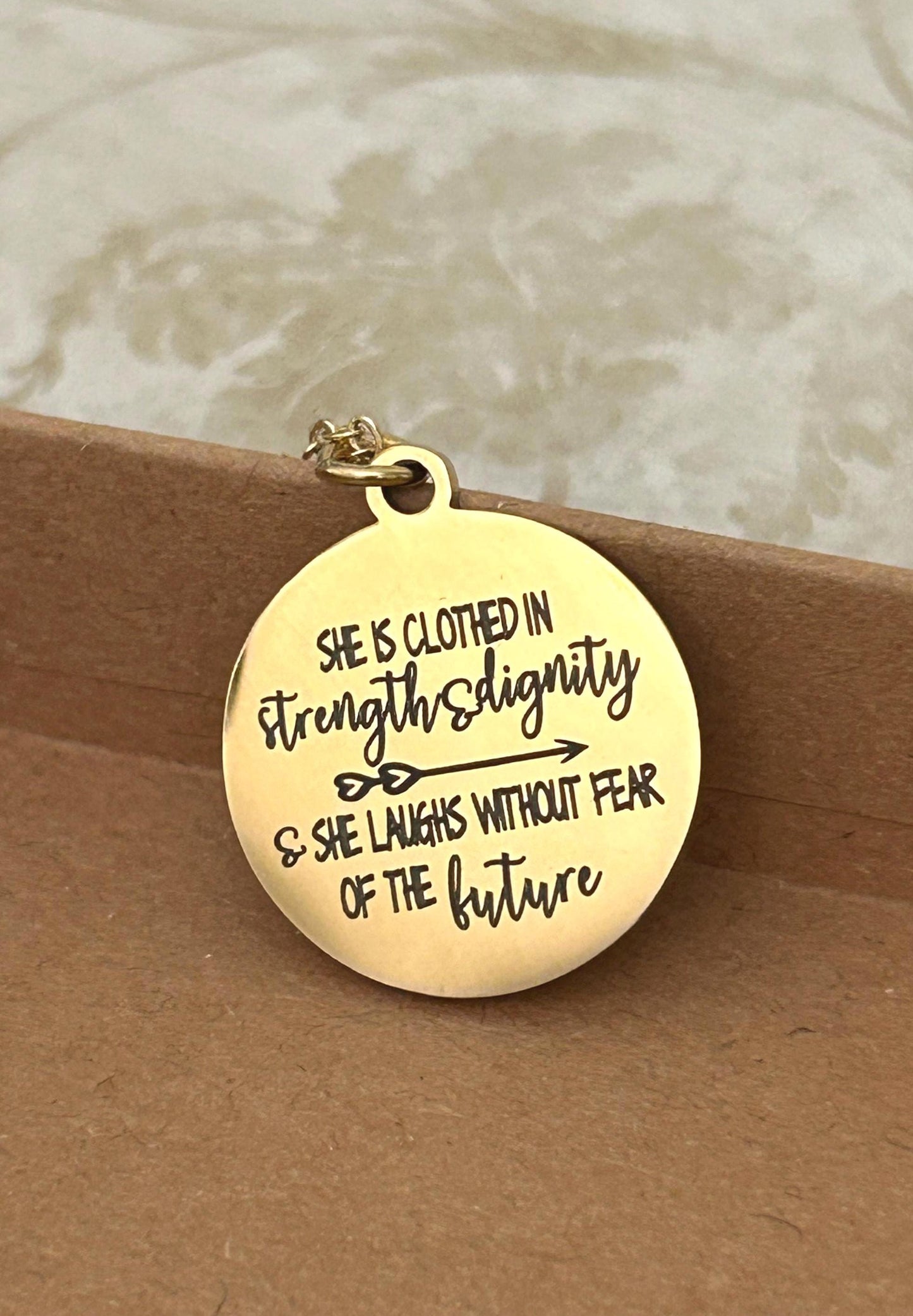 Proverbs 31:25 Gold Necklace, She is clothed in strength and Dignity, Christian Gifts Jewelry, Bible Quote Necklace, Scripture Jewelry,