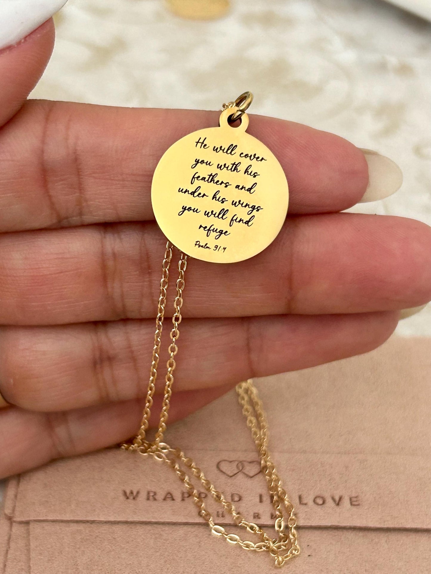 Psalm 91 Necklace He will cover you with his Feathers Christian Gifts Scripture Jewelry Motivational Gifts Prayer necklace Faith Charms