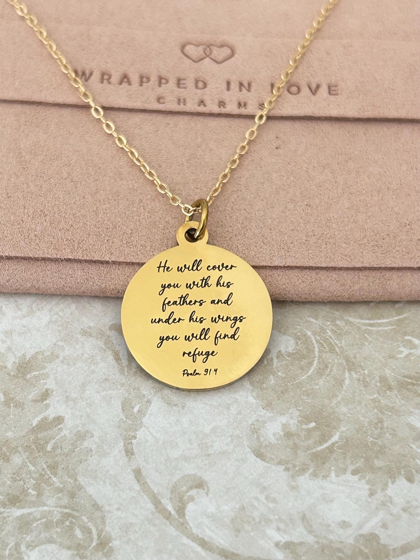 Psalm 91 Necklace He will cover you with his Feathers Christian Gifts Scripture Jewelry Motivational Gifts Prayer necklace Faith Charms