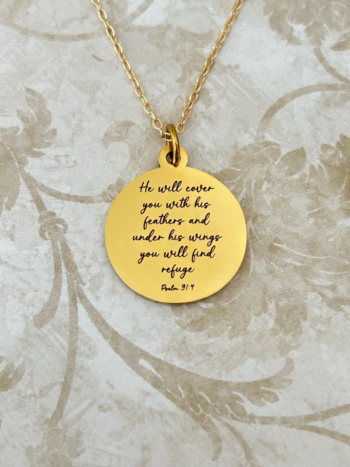Psalm 91 Necklace He will cover you with his Feathers Christian Gifts Scripture Jewelry Motivational Gifts Prayer necklace Faith Charms