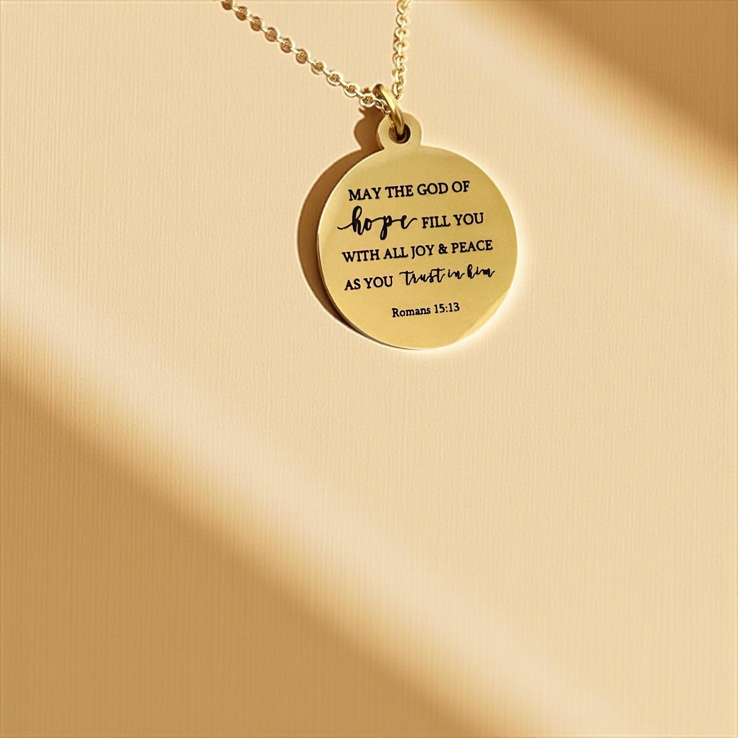 Bible Verse Necklace May the GOD of hope fill you with all joy and peace as you trust in Him Romans 15:13 Christian Gifts Faith Jewelry