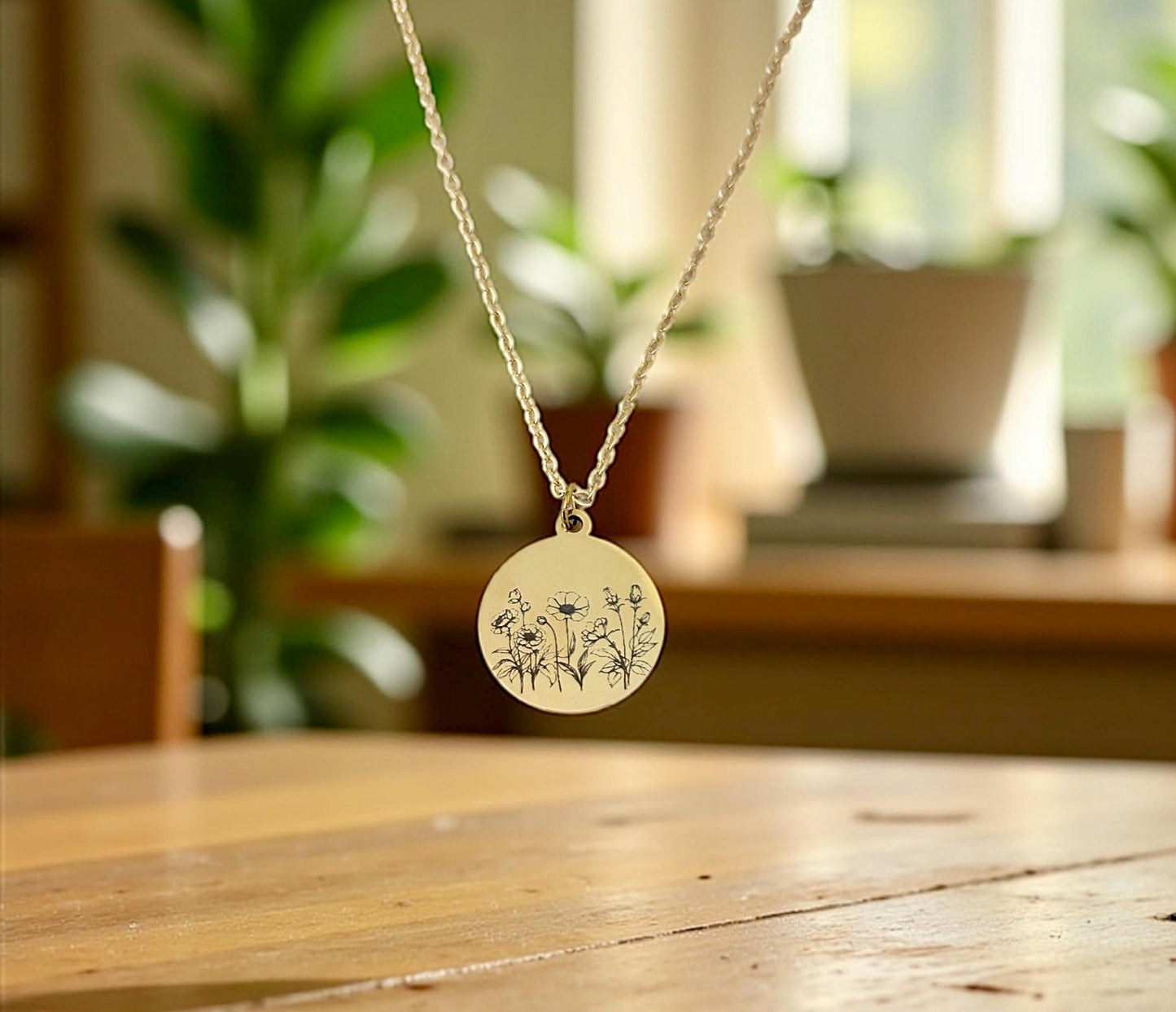Personalized Engraved Flower Necklace, 14K Gold Plated, Birthday Gift for Her, Flower Bouquet Necklace