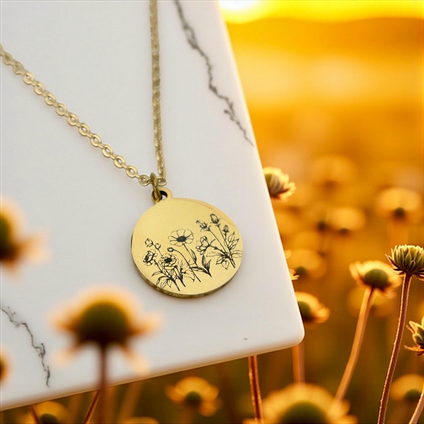 Personalized Engraved Flower Necklace, 14K Gold Plated or Stainless Steel, Birthday Gift for Her, Flower Bouquet Necklace