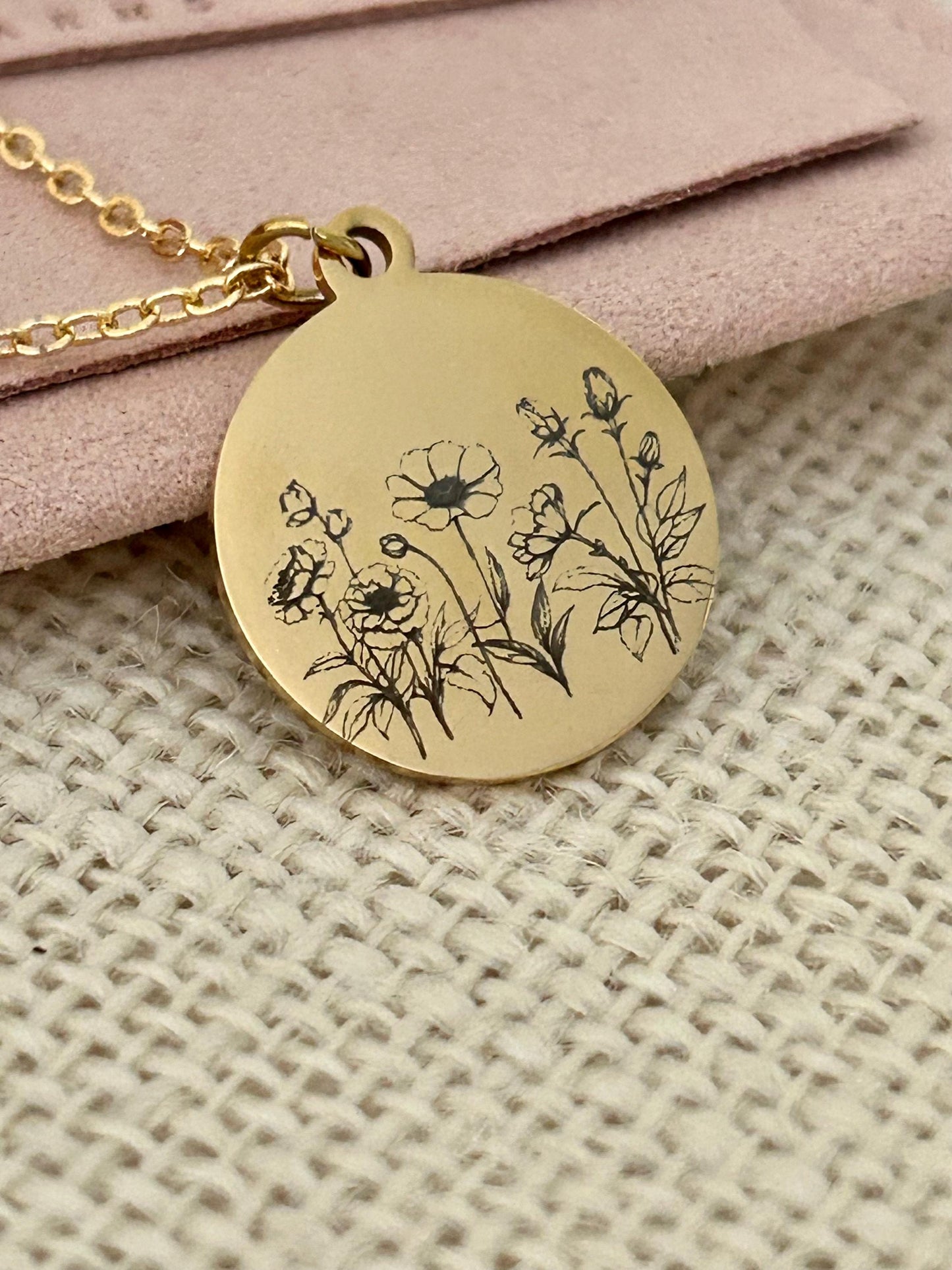 Personalized Engraved Flower Necklace, 14K Gold Plated or Stainless Steel, Birthday Gift for Her, Flower Bouquet Necklace