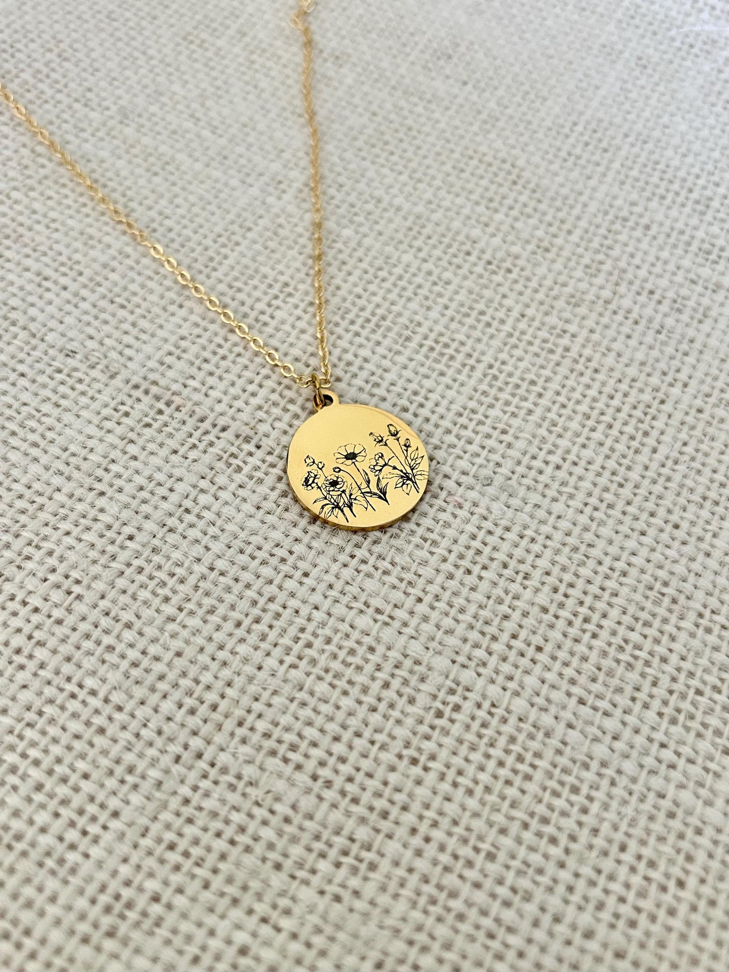 Personalized Engraved Flower Necklace, 14K Gold Plated or Stainless Steel, Birthday Gift for Her, Flower Bouquet Necklace