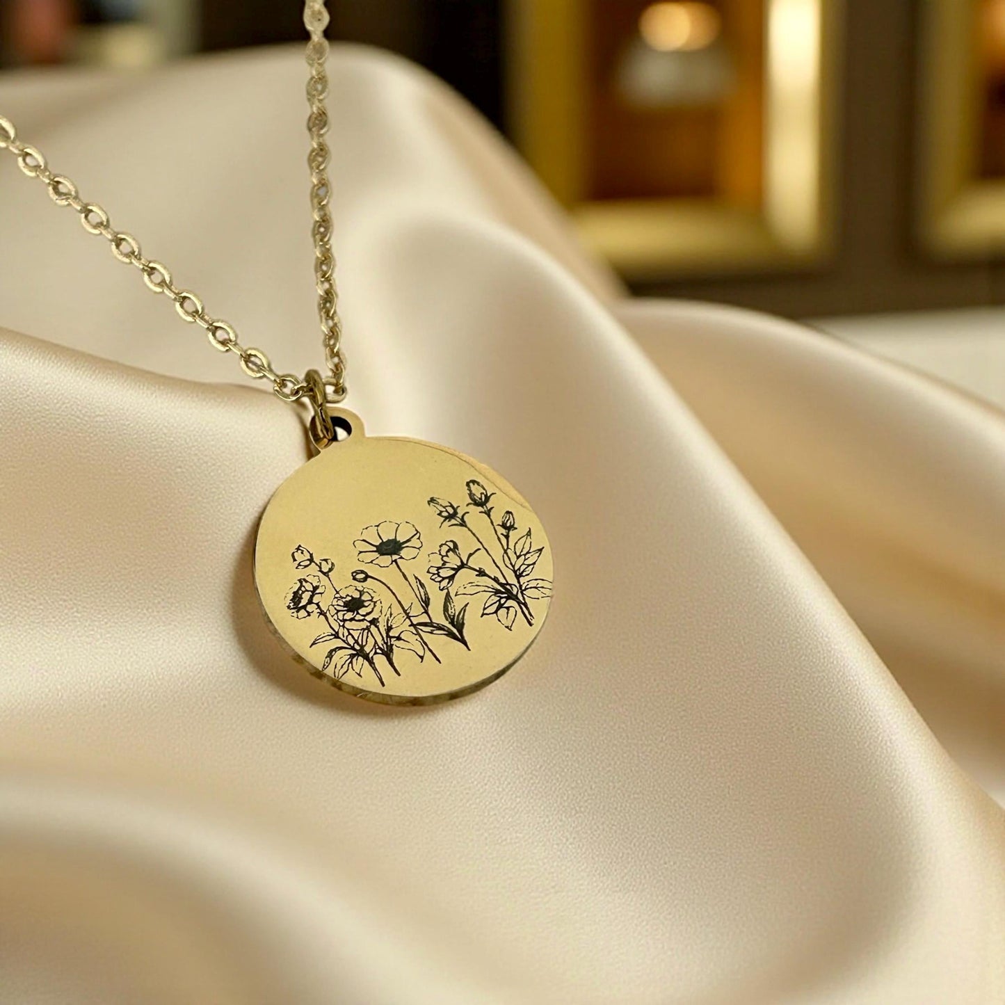 Personalized Engraved Flower Necklace, 14K Gold Plated or Stainless Steel, Birthday Gift for Her, Flower Bouquet Necklace