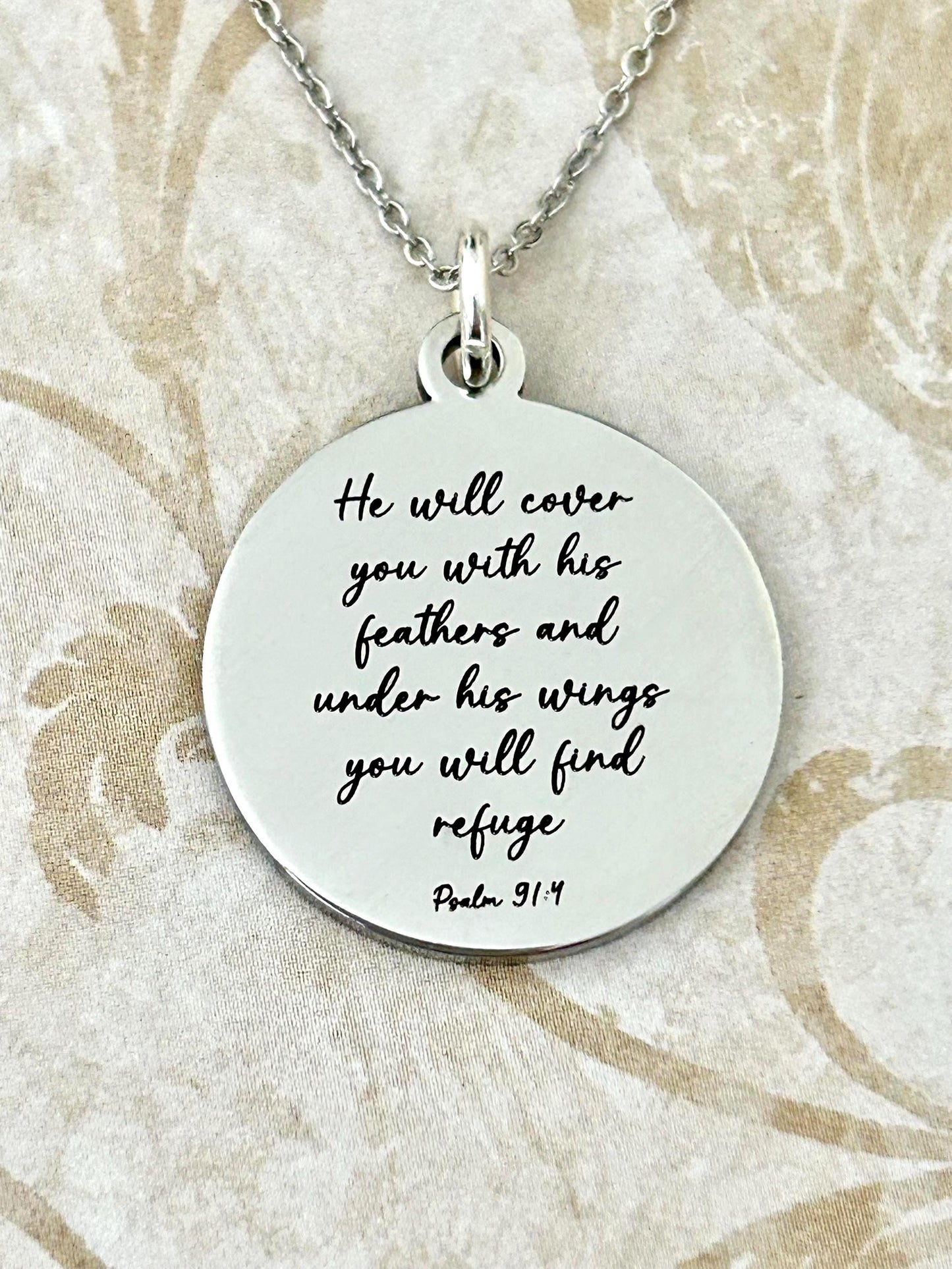 Psalm 91 Necklace, Christian Gifts, Scripture Jewelry, Gifts for Mom, Motivational Gifts Prayer necklace He will cover you with his feathers
