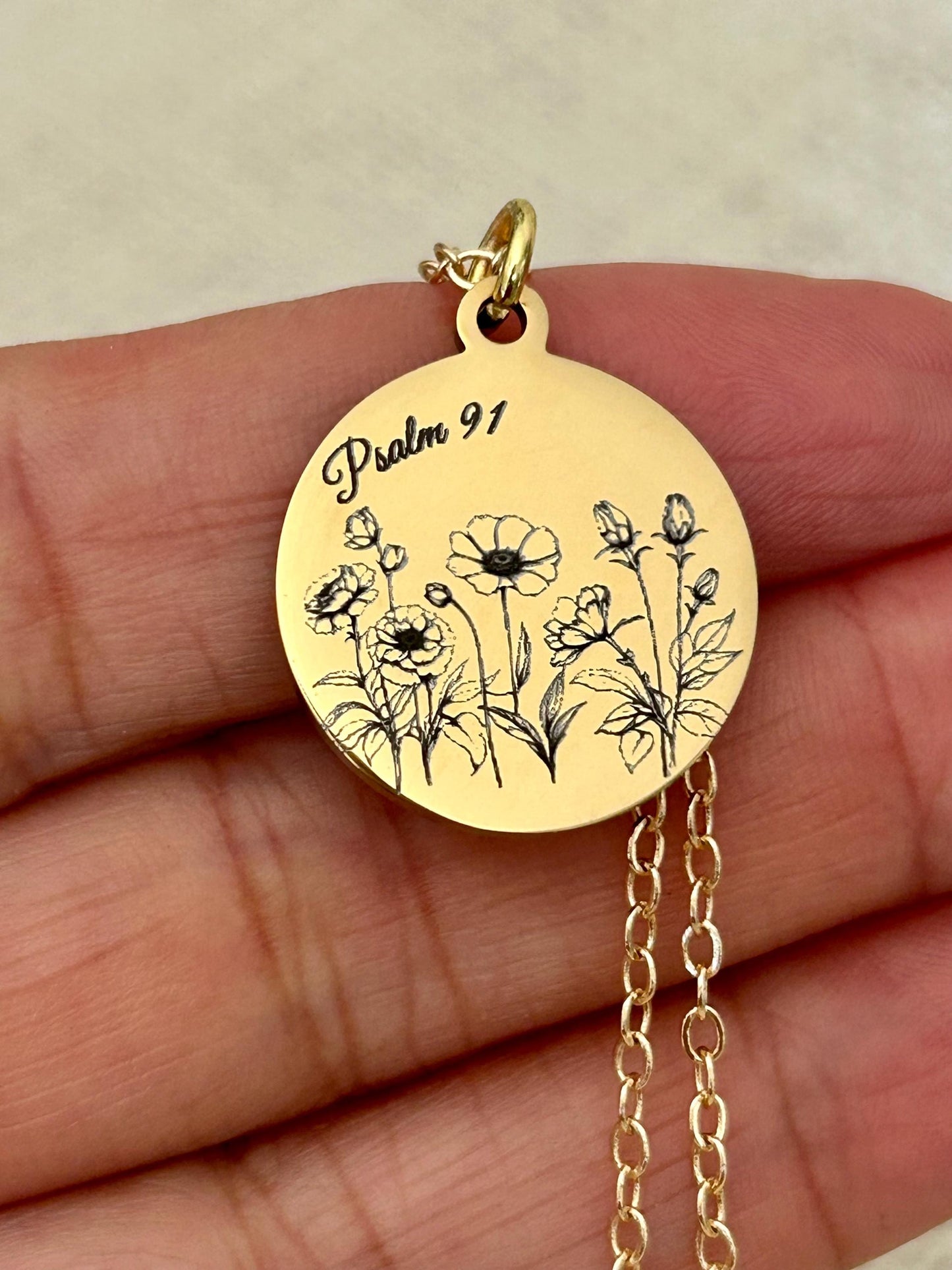 Psalm 91 Personalized Engraved Flower Necklace, 14K Gold Plated, Birthday Gift for Her, Flower Bouquet Necklace